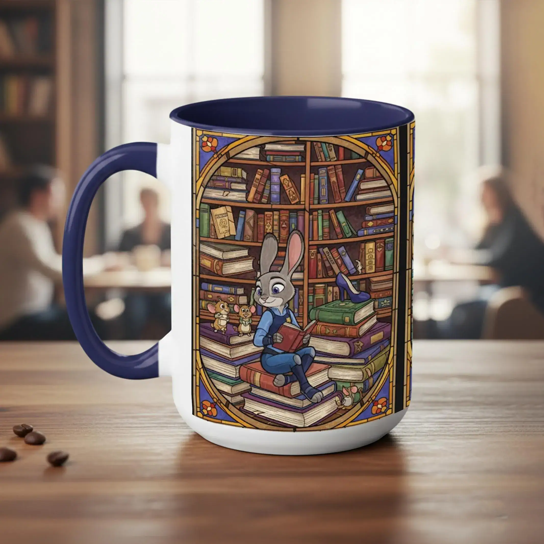 Zootopia Bookish Stained-Glass Style Mug, Judy Hopps and Nick Wilde Library Scene Coffee Mug, Birthday Gift for Readers - Image 3