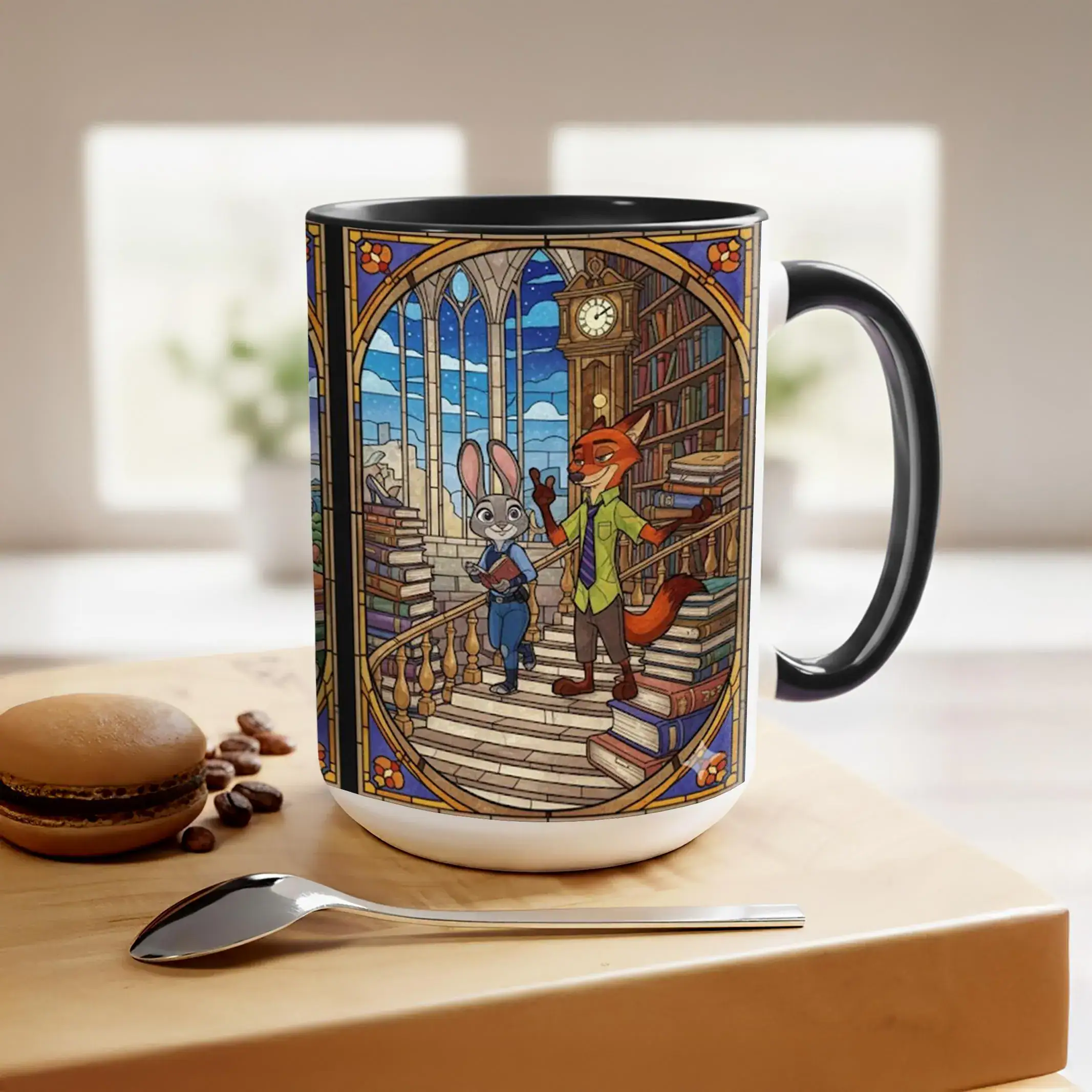 Zootopia Bookish Stained-Glass Style Mug, Judy Hopps and Nick Wilde Library Scene Coffee Mug, Birthday Gift for Readers - Image 4