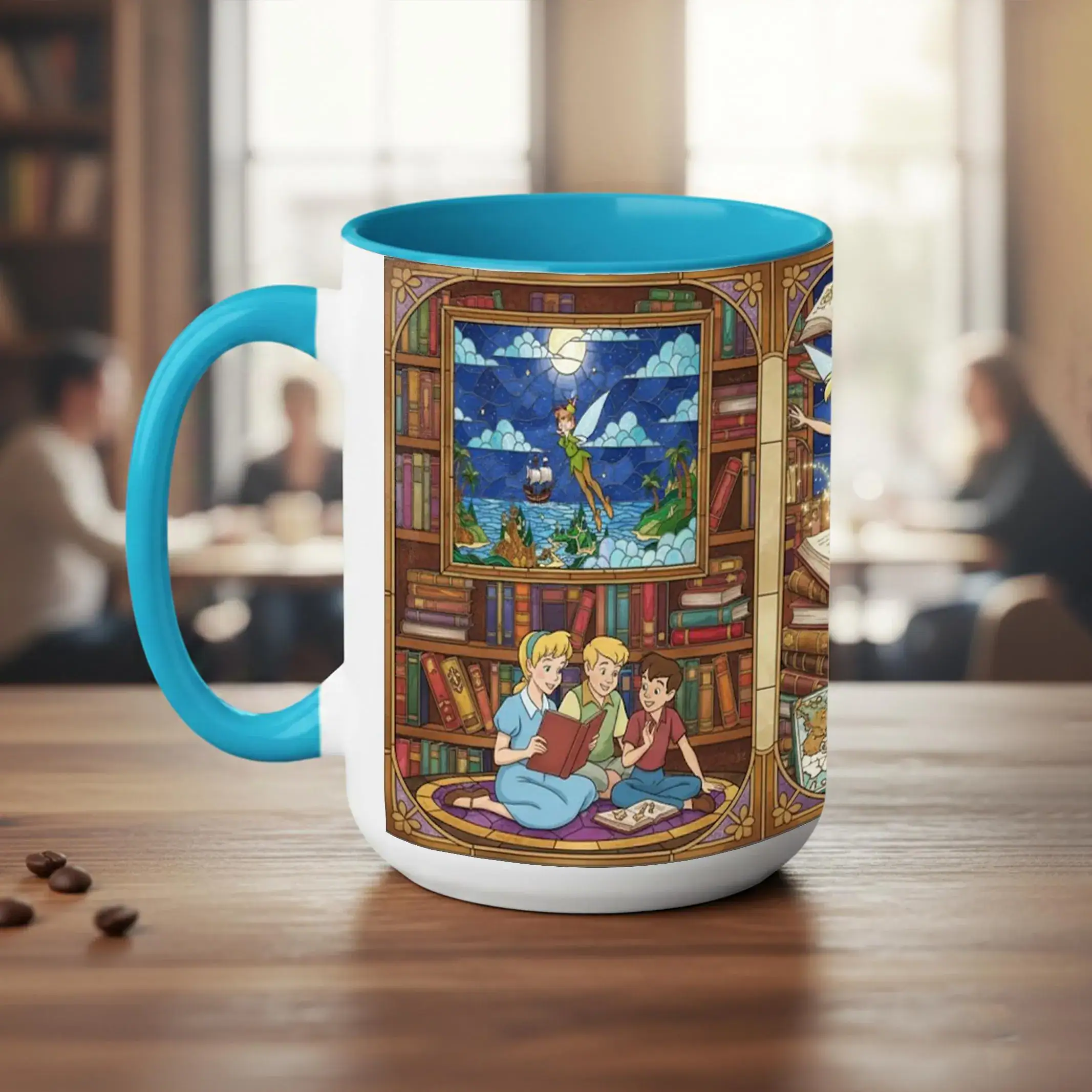 Peter Pan Bookish Stained-Glass Style Mug, Disney Peter Pan and Tinker Bell Library Scene Coffee Mug, Birthday Gift for Readers - Image 4
