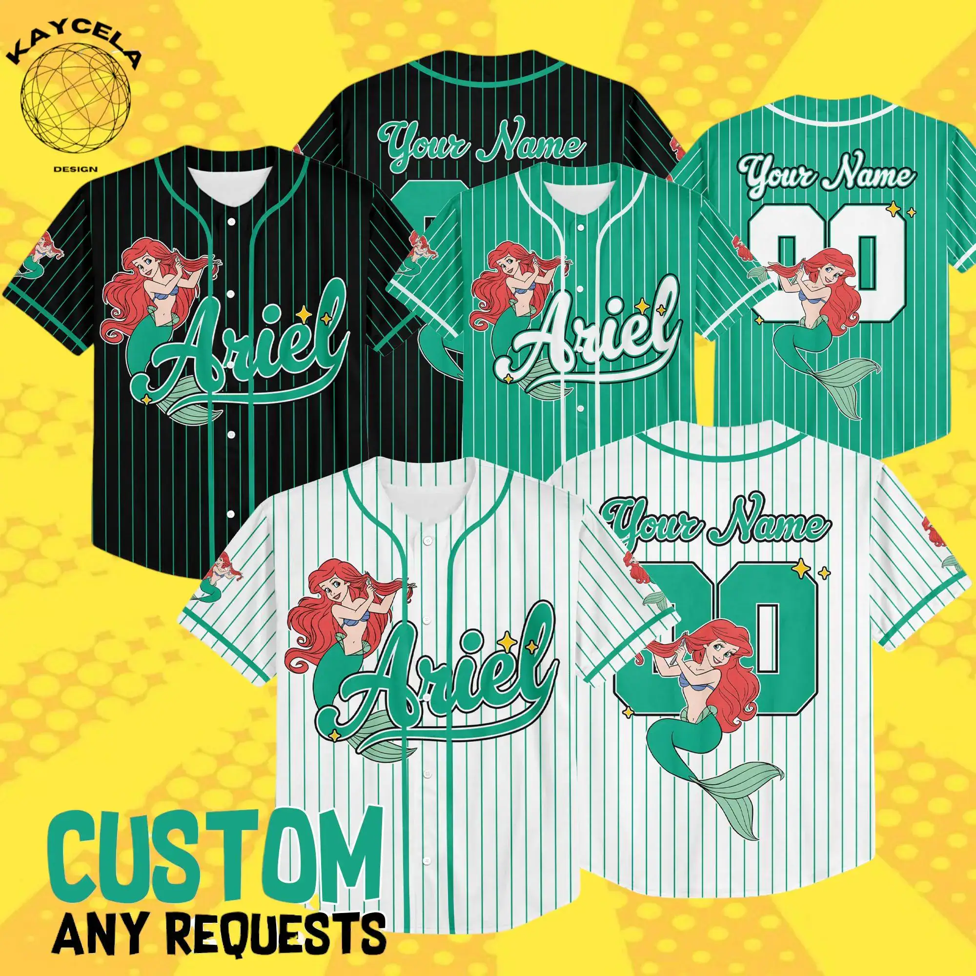 Custom Disney Princess Ariel Baseball Jersey, Little Mermaid Disney Jersey for Kids Youth & Adults, Matching Disney party Outfit