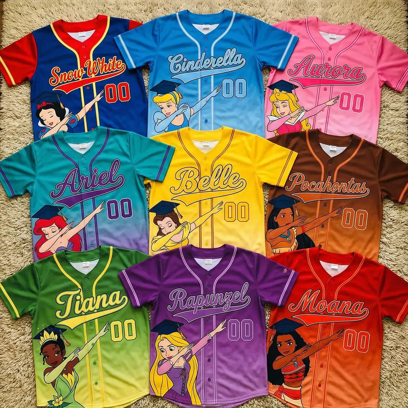 DN Princess Graduation Baseball Jersey, Cinderella Ariel Belle Rapunzel Shirt, Custom Name Girl Gift, Kid Graduation Outfit, Y2k Jersey
