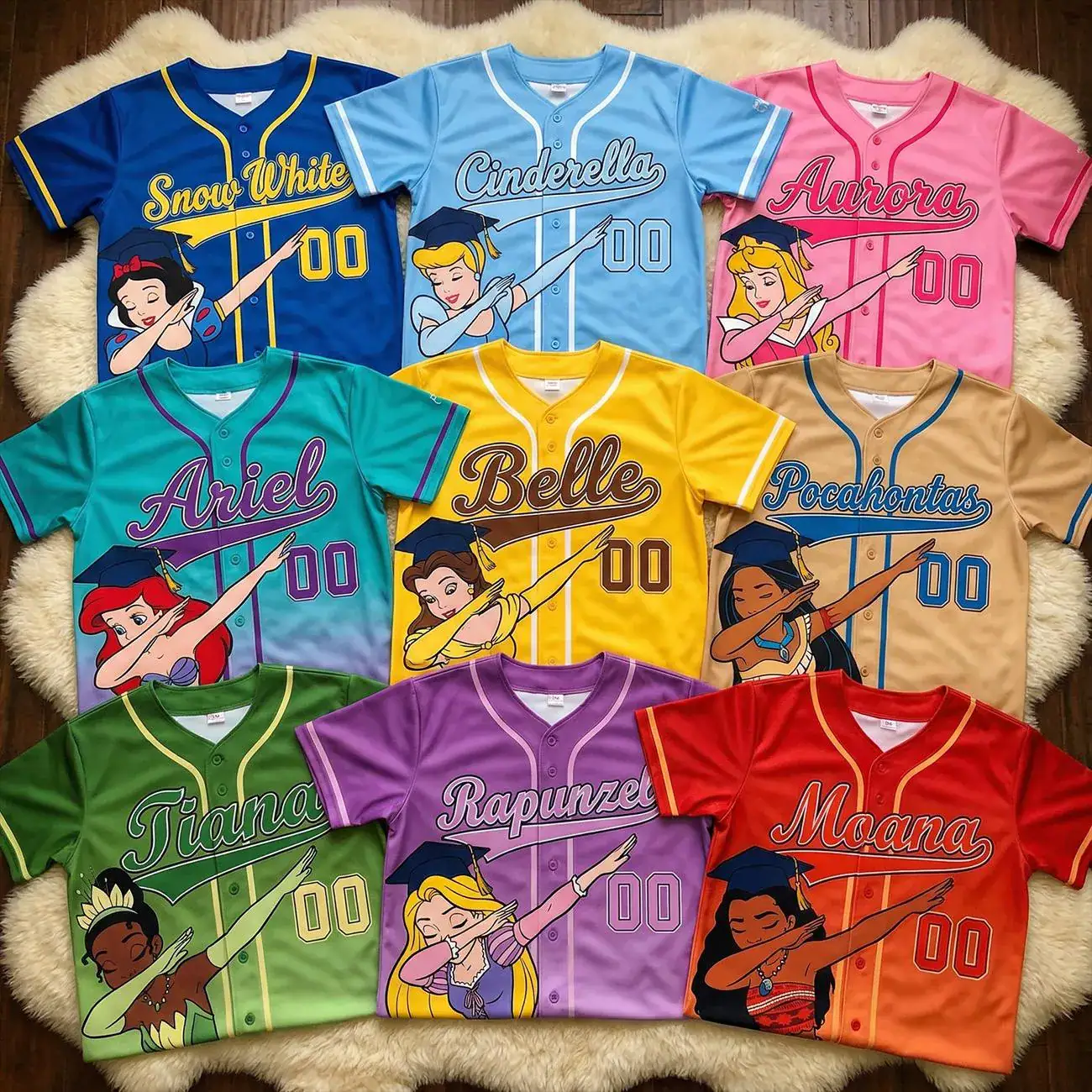 DN Princess Graduation Baseball Jersey, Cinderella Ariel Belle Rapunzel Shirt, Custom Name Girl Gift, Kid Graduation Outfit, Y2k Jersey