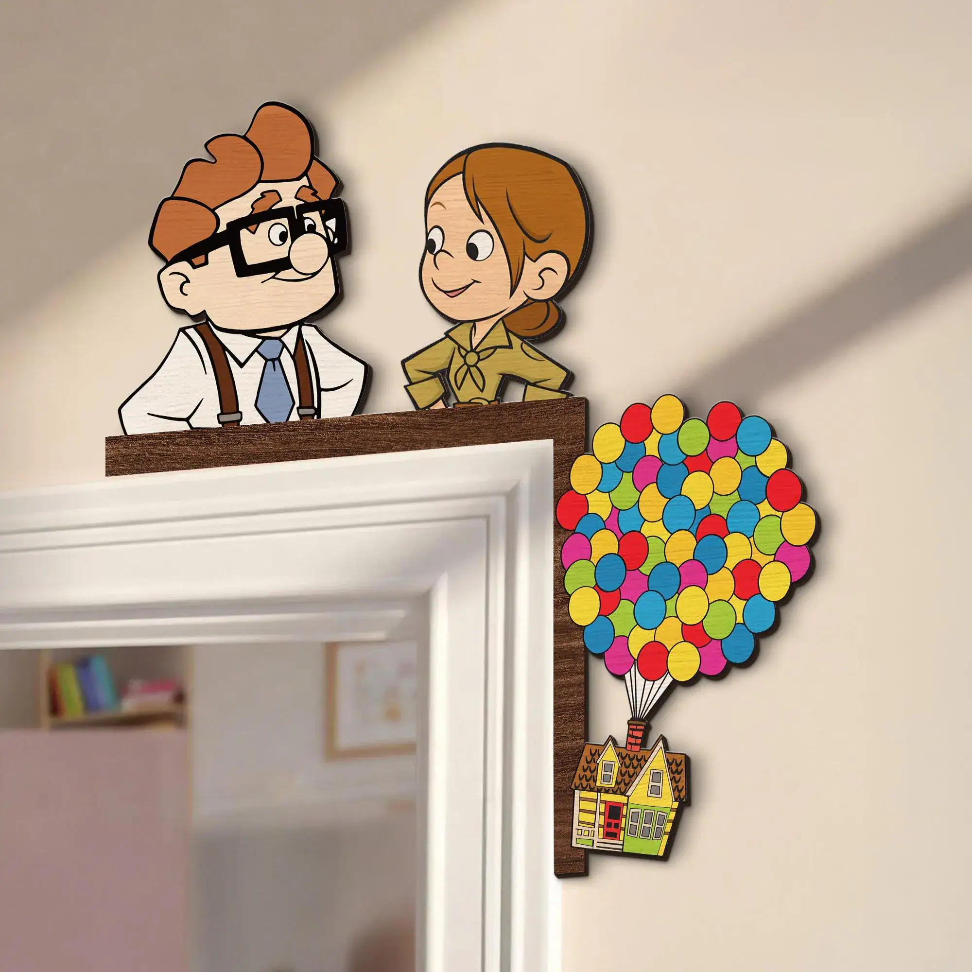 Up Carl Ellie Wooden Door Corner Sign, Romantic Up Movie Decor, Balloon House Peeking Sign, Personalized Nursery Door Decor - Image 4