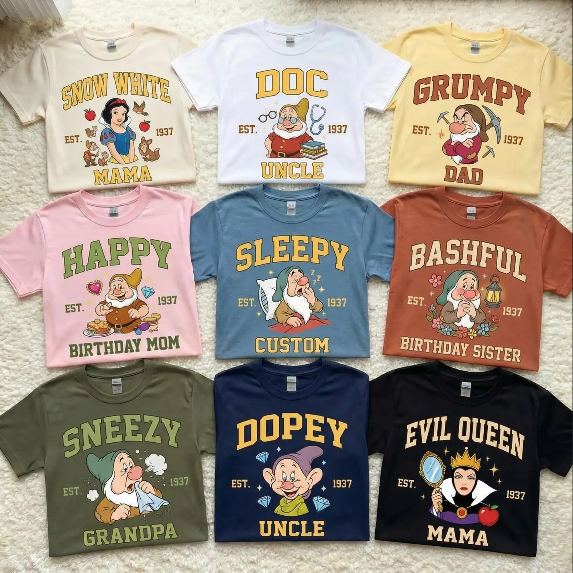Snow White Family Shirts, Matching DN Dwarfs Tee, Custom Birthday Mom Dad Kids Gift, Dopey Grumpy Bashful Sleepy Happy Shirt, Y2K Shirt