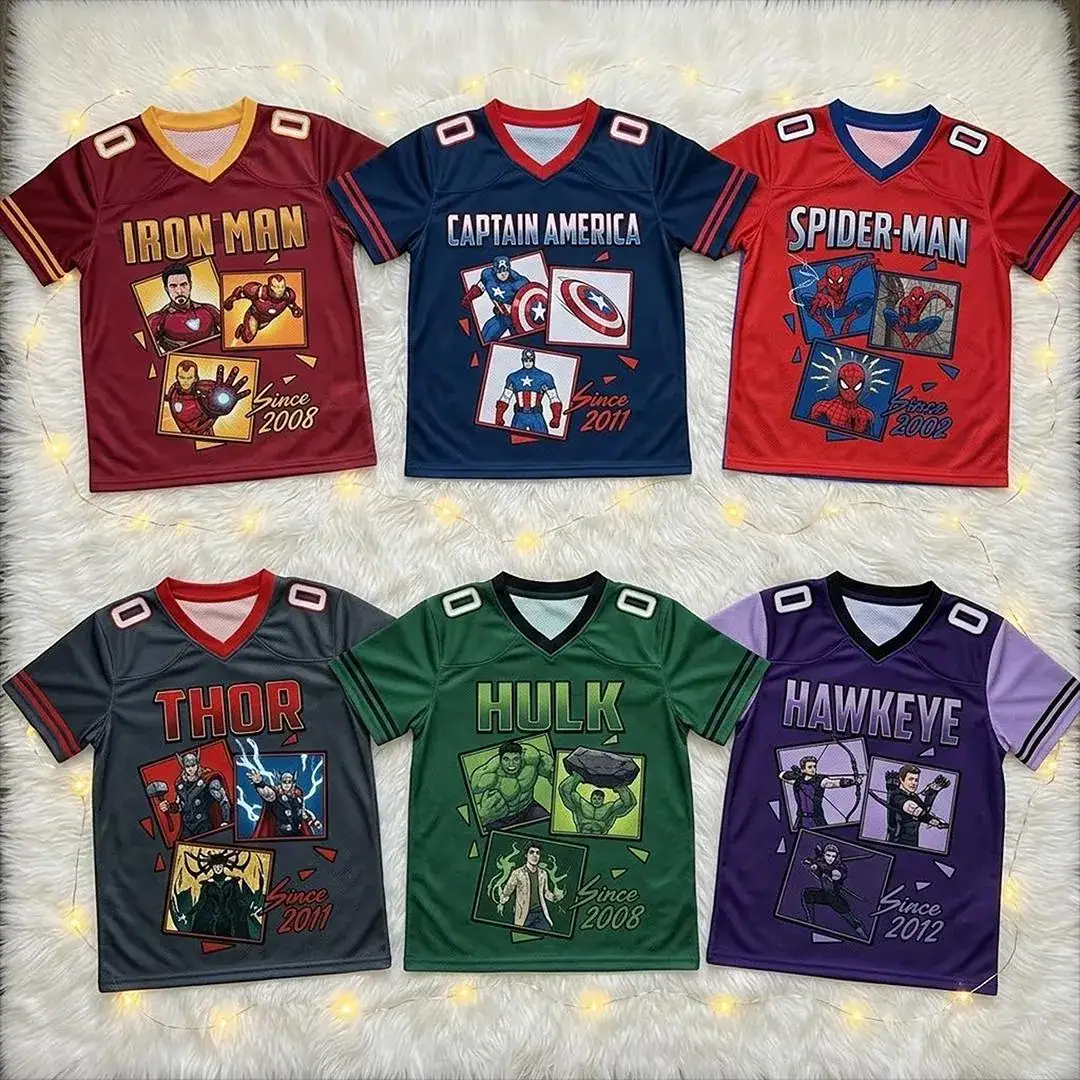 Marvel Avengers Football Jersey Custom Name, Iron Man Spider Man Captain America Birthday Shirt Family Matching Outfit Gift, Y2k Jersey