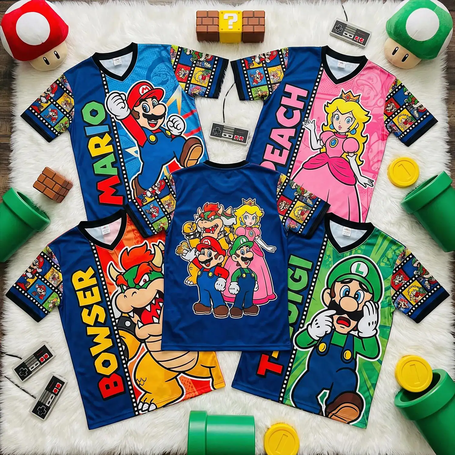 Super Mario Football Jersey Shirt, Mario Luigi Peach Bowser, Family Matching Birthday, Gamer Kids Sports Tee DN Trip