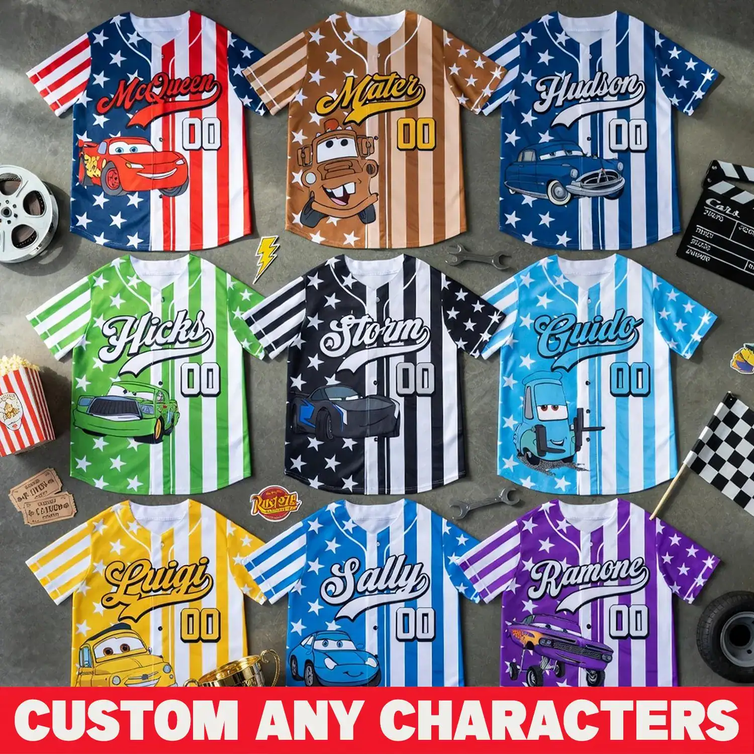 Cars Baseball Jersey Custom Name, 4th of July Cars Tee, Patriotic American Flag Jersey, Family Matching Tee, USA 250th Anniversary Gift