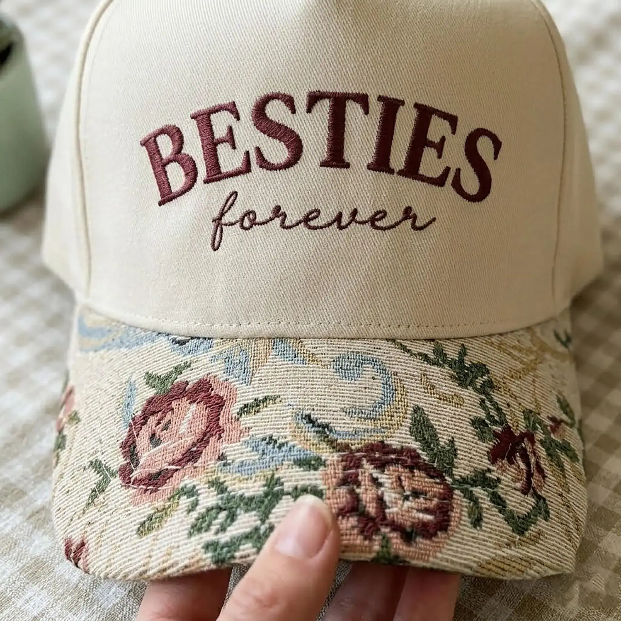 Embroidered Besties Forever Floral Brim Hat, Matching Best Friend Cottagecore Hat, Custom BFF Est Year Cap, Mom Daughter Tapestry Brim Hat - Image 4