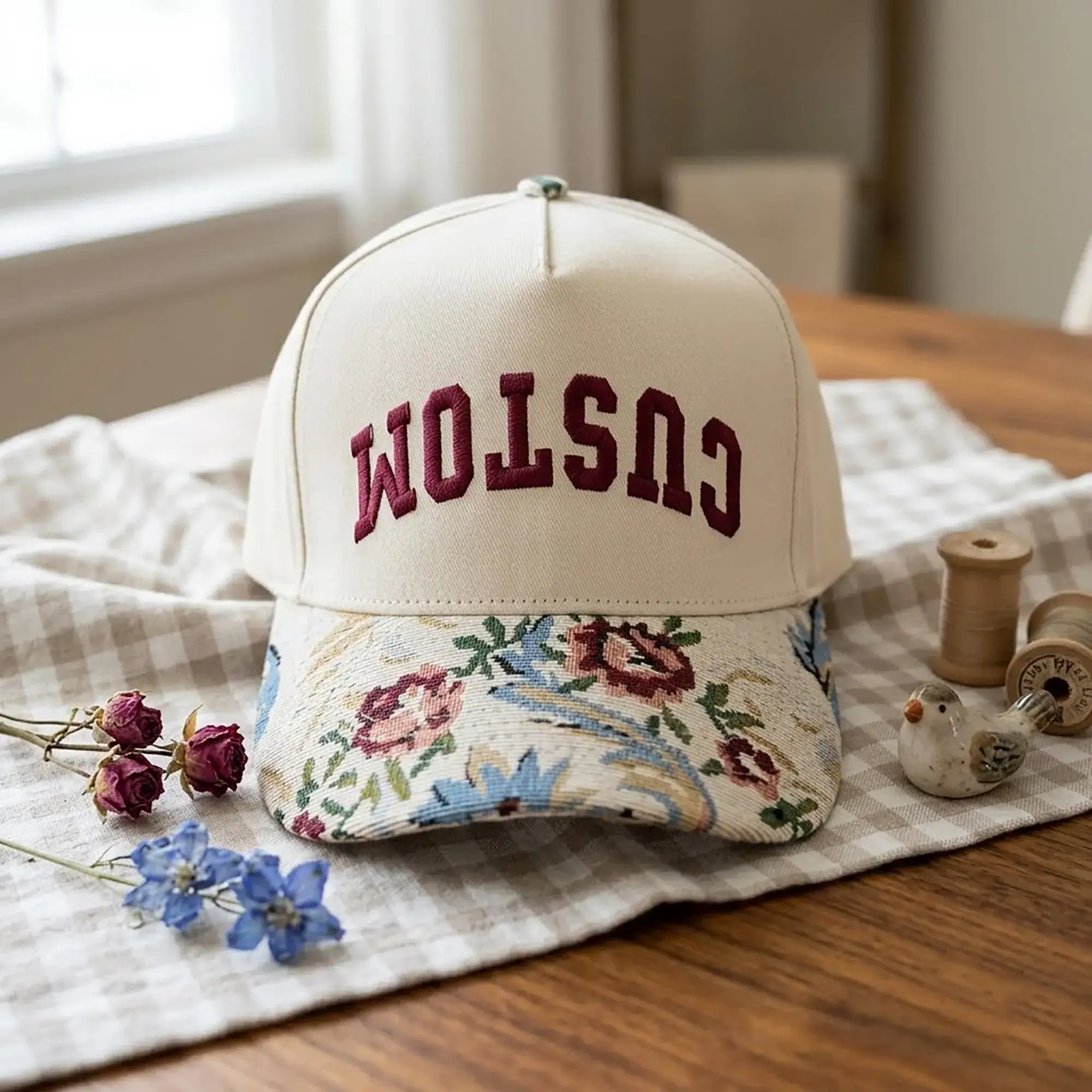 Custom Embroidered Upside Down Text Floral Brim Hat, Personalized Floral Hat For Her, Vintage Cottagecore Hat, Retro Tapestry Brim Hat - Image 4