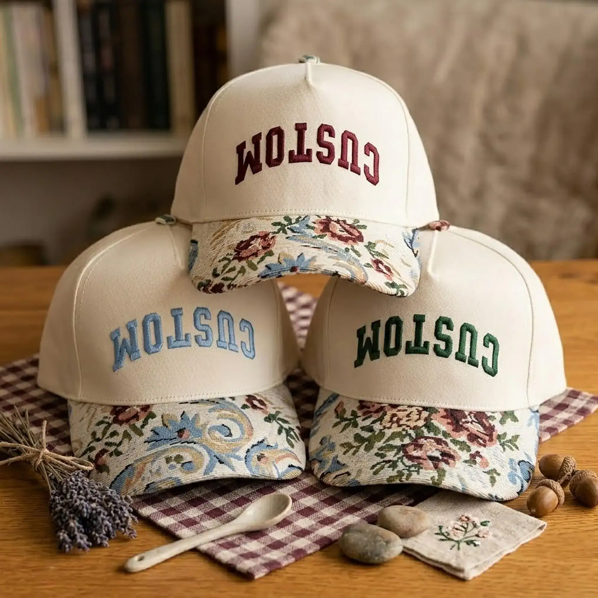 Custom Embroidered Upside Down Text Floral Brim Hat, Personalized Floral Hat For Her, Vintage Cottagecore Hat, Retro Tapestry Brim Hat - Image 3