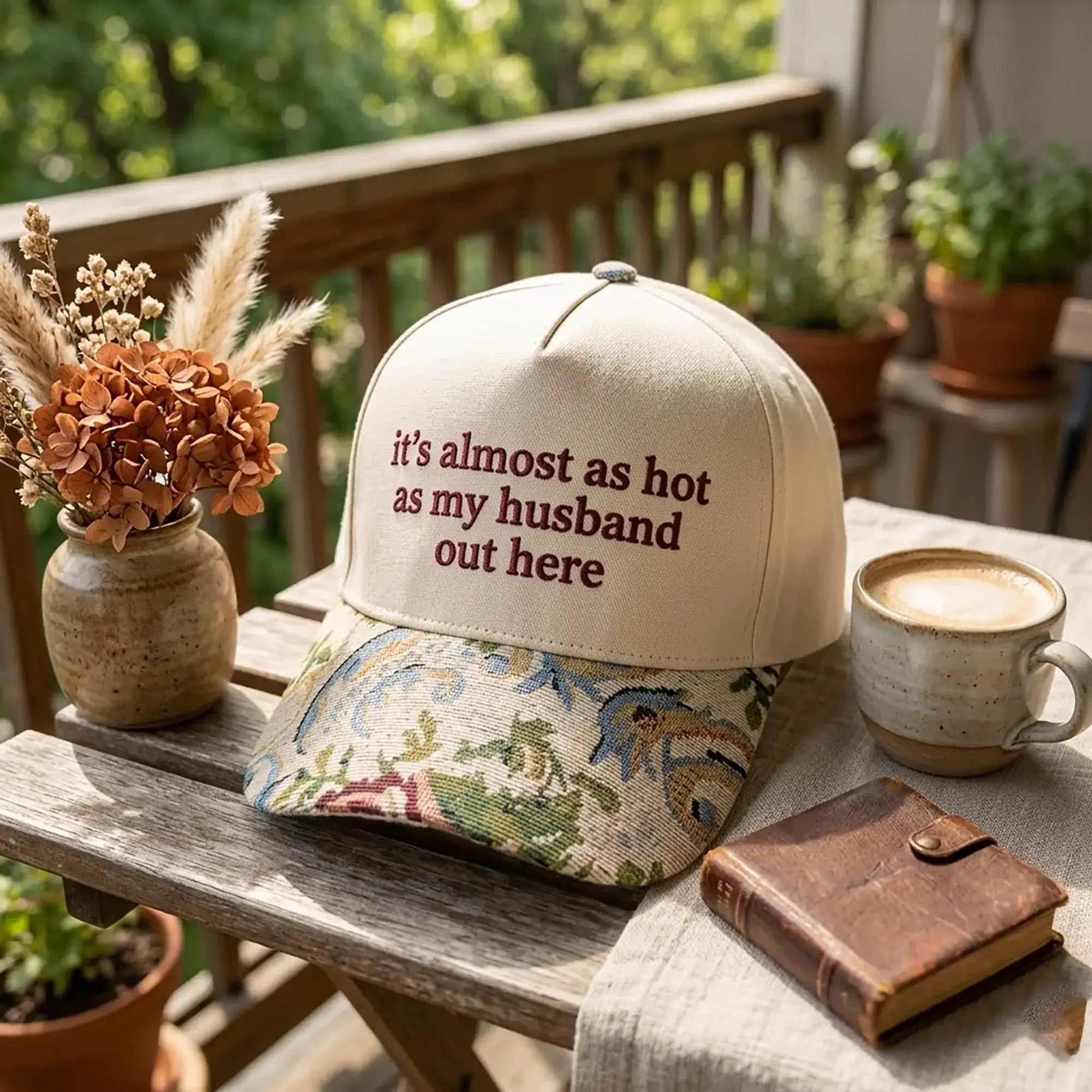 Embroidered It's Almost As Hot As My Husband Floral Hat, Sarcastic Wife Tapestry Brim Hat, Vintage Cottagecore Hat, Summer Gift For Mom - Image 4