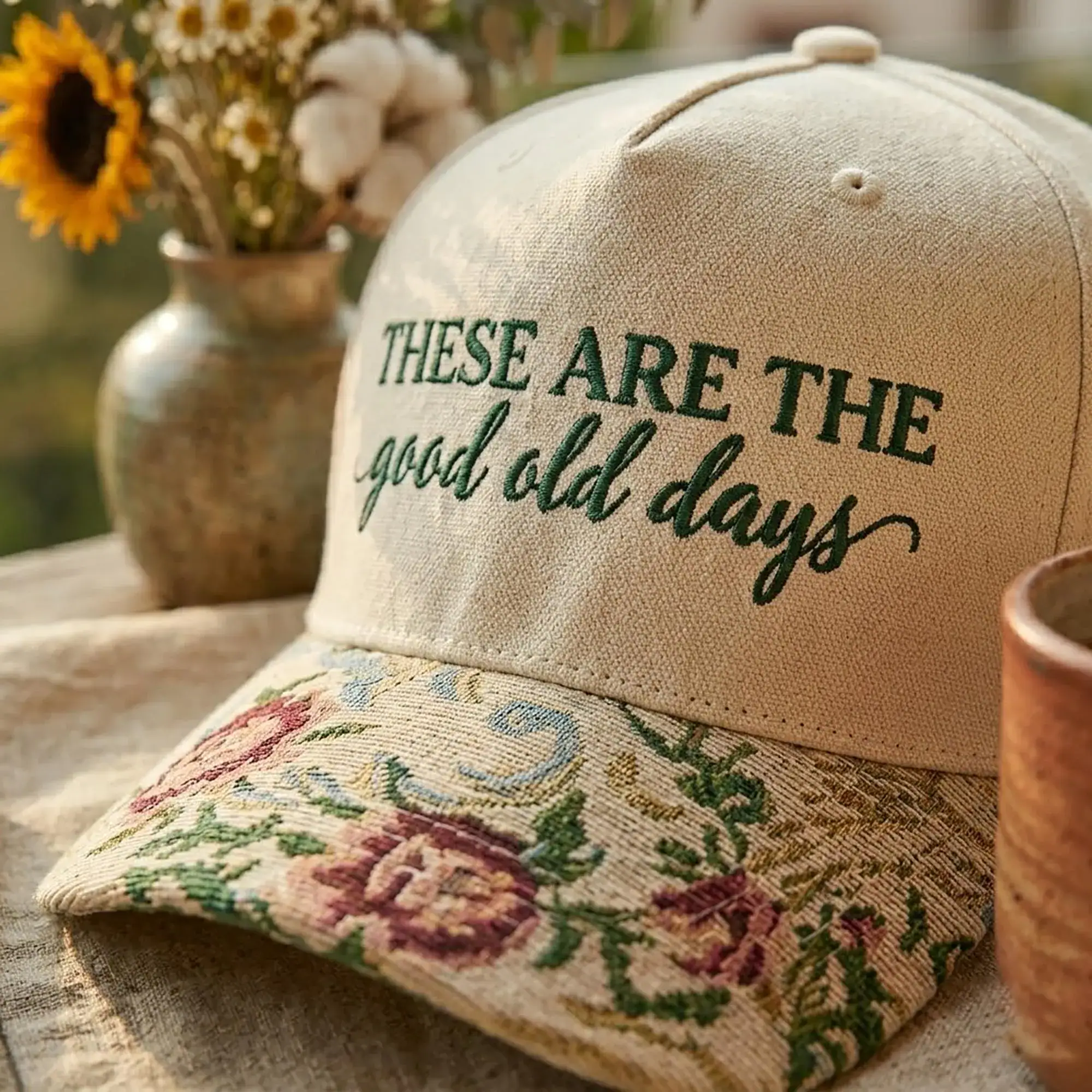 Embroidered These Are The Good Old Days Floral Tapestry Brim Hat, Vintage Style Cottagecore Hat, Funny Mom Life Hat, Summer Gift For Mom - Image 3