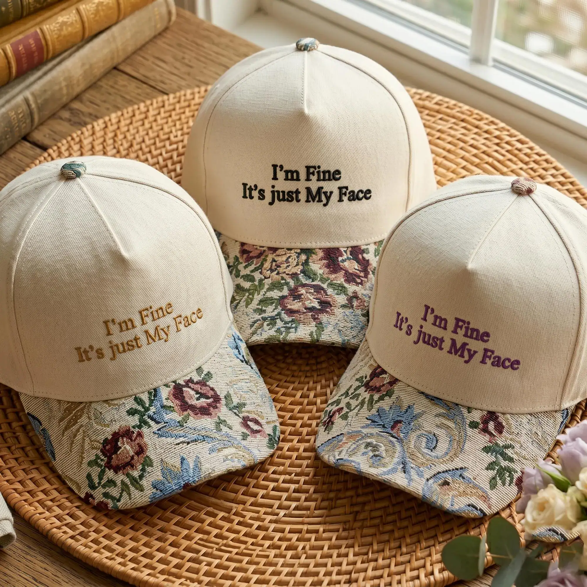 Embroidered I'm Fine It's Just My Face Hat, Resting Bitch Face Hat, Funny Floral Baseball Cap, Sarcastic Women Gift, Vintage Floral Brim Hat - Image 4