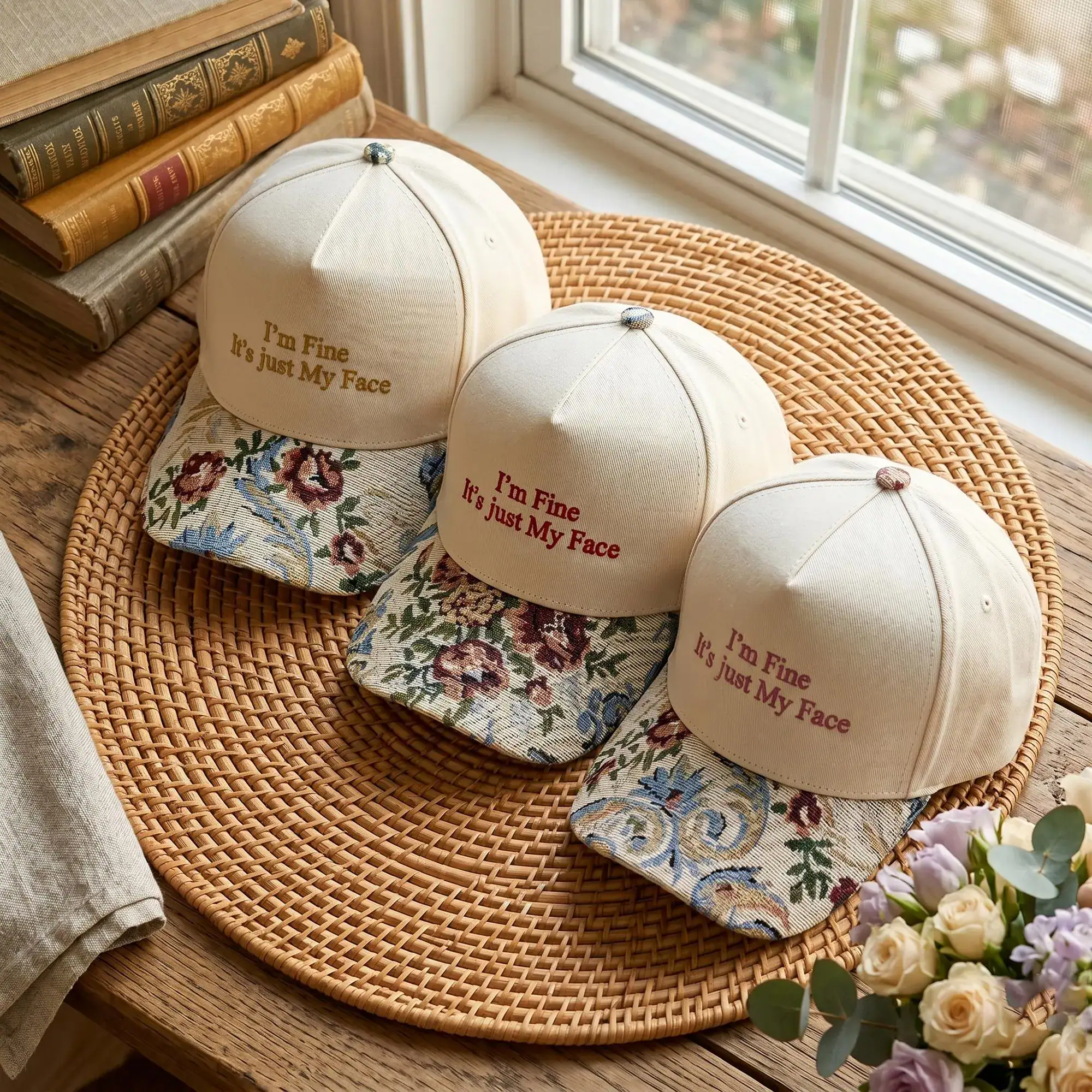 Embroidered I'm Fine It's Just My Face Hat, Resting Bitch Face Hat, Funny Floral Baseball Cap, Sarcastic Women Gift, Vintage Floral Brim Hat - Image 3