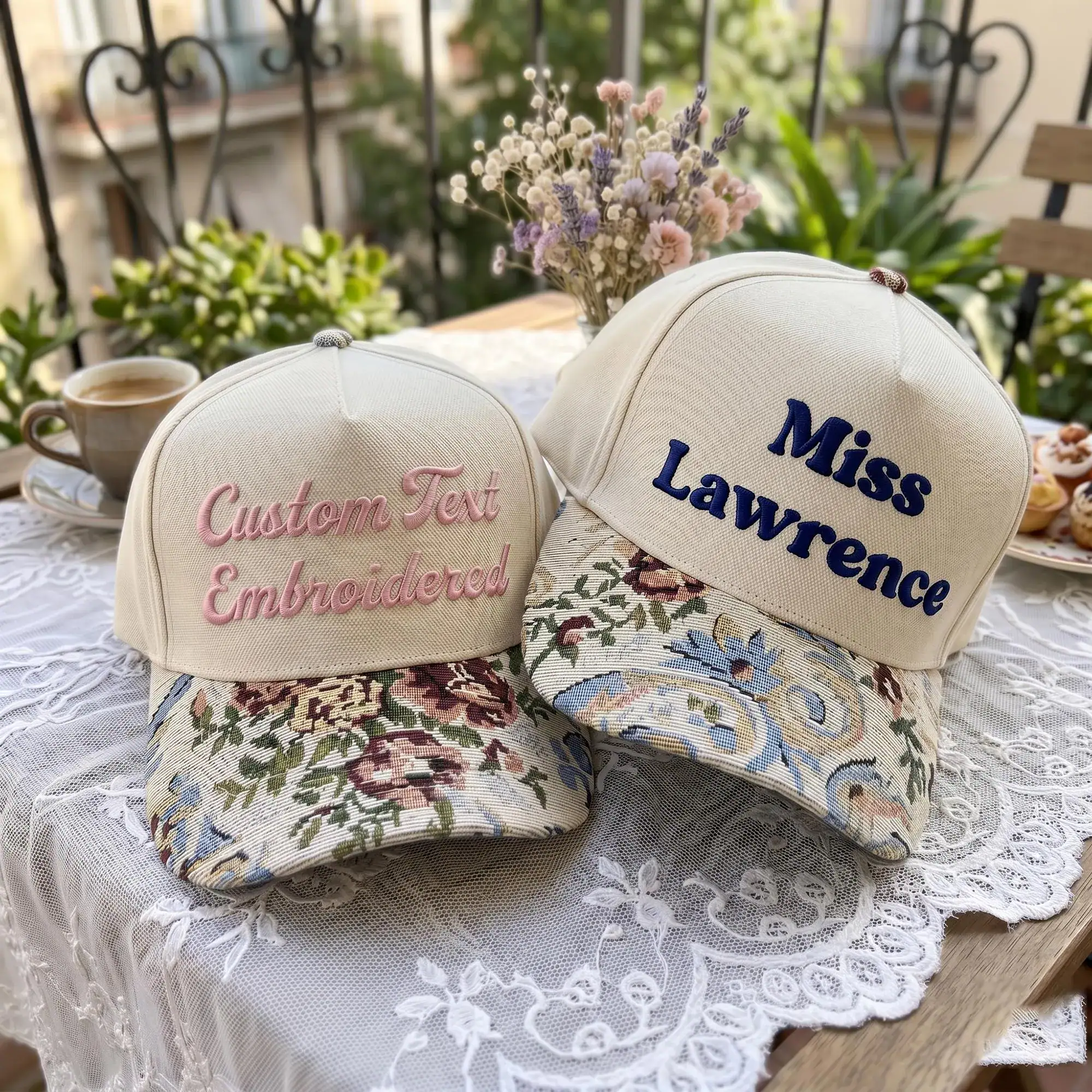Embroidered Custom Hat with Floral Tapestry Brim, Summer Gift for Her, Personalized Baseball Cap for Women, Vintage Style Cottagecore Hat - Image 3