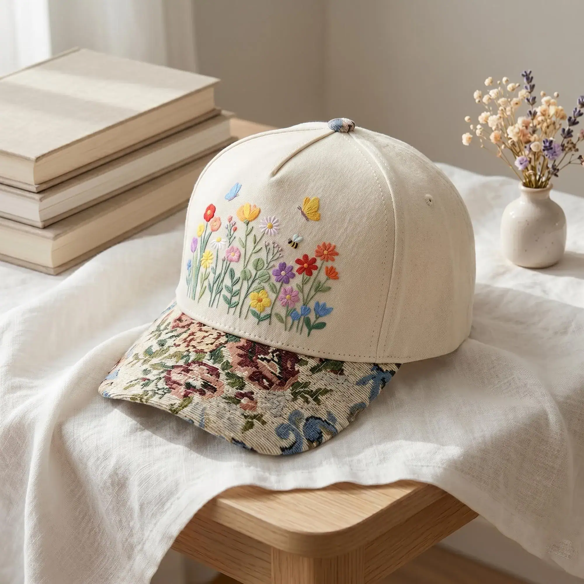 Embroidered Floral Cap, Butterfly Embroidered Vintage Tapestry Hat, Gift for Her, Coquette Aesthetic, Wildflower Hat, Boho Style Hat - Image 4