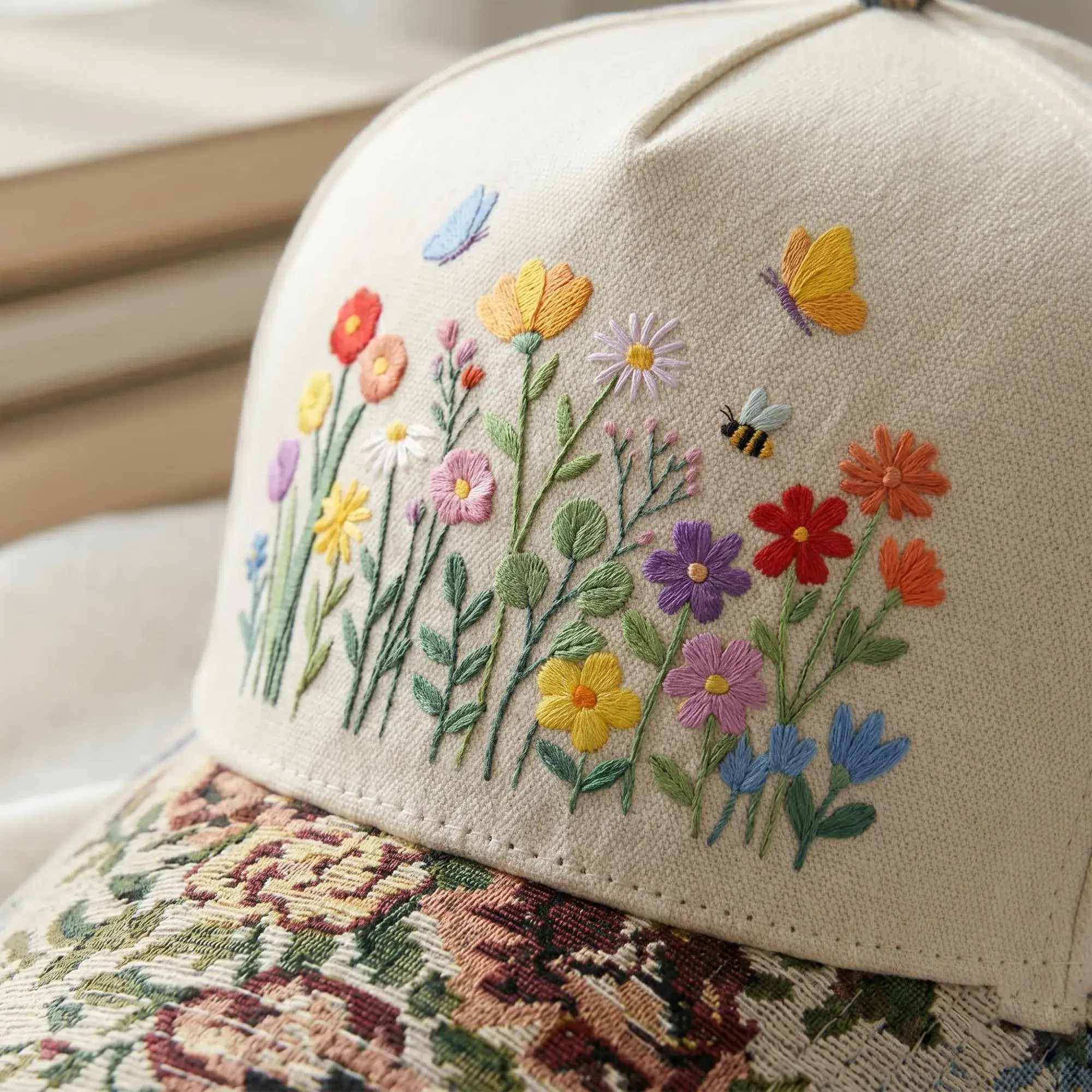 Embroidered Floral Cap, Butterfly Embroidered Vintage Tapestry Hat, Gift for Her, Coquette Aesthetic, Wildflower Hat, Boho Style Hat - Image 3