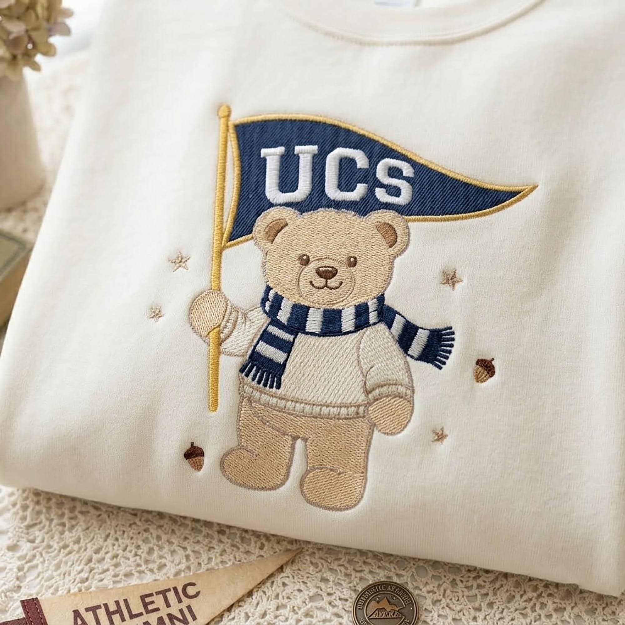 Custom College Sweatshirt, Game Day Bear Sweatshirt, Embroidered Teddy Bear Sweatshirt, Custom University Name Pennant Shirt, Women Gift - Image 3
