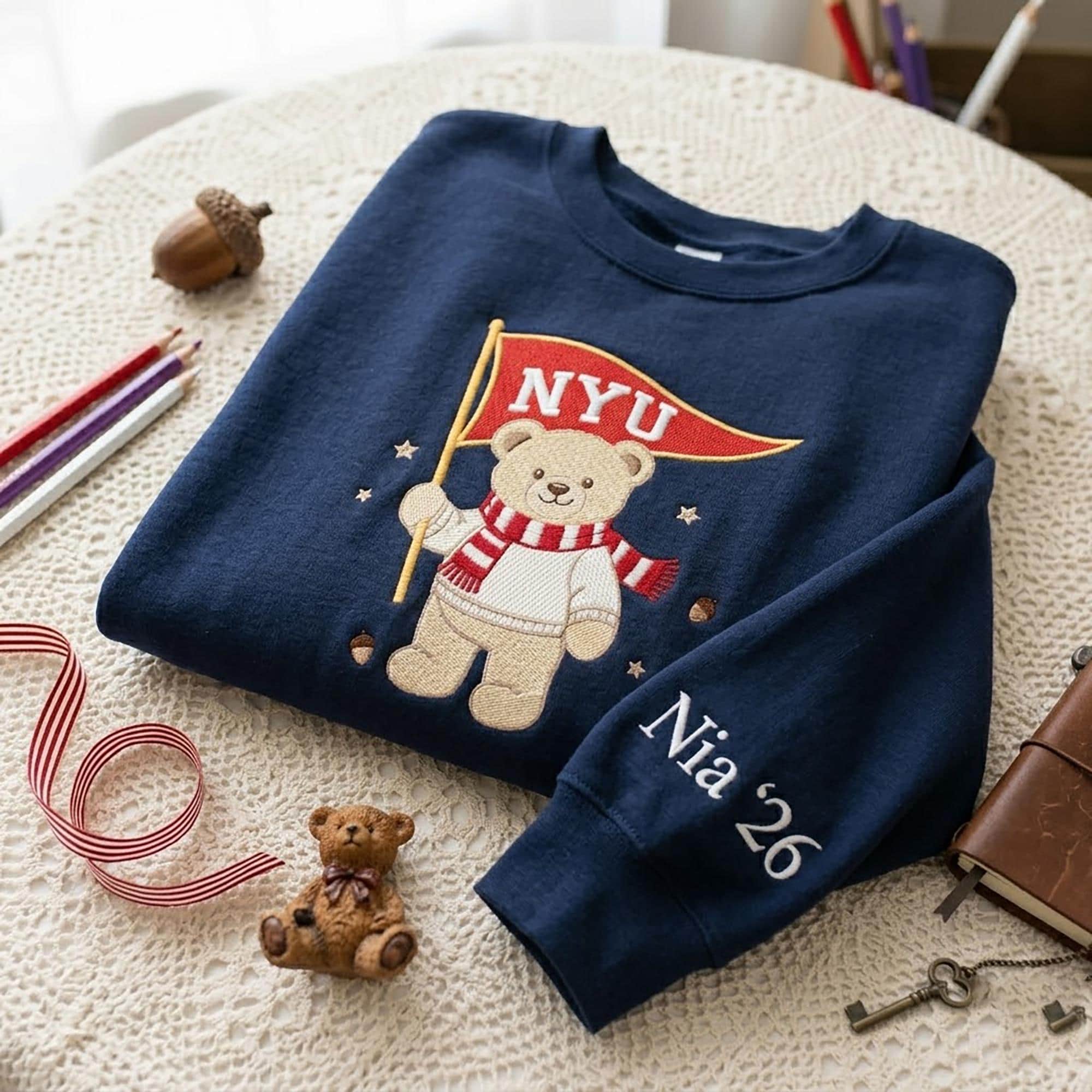 Custom College Sweatshirt, Game Day Bear Sweatshirt, Embroidered Teddy Bear Sweatshirt, Custom University Name Pennant Shirt, Women Gift - Image 4