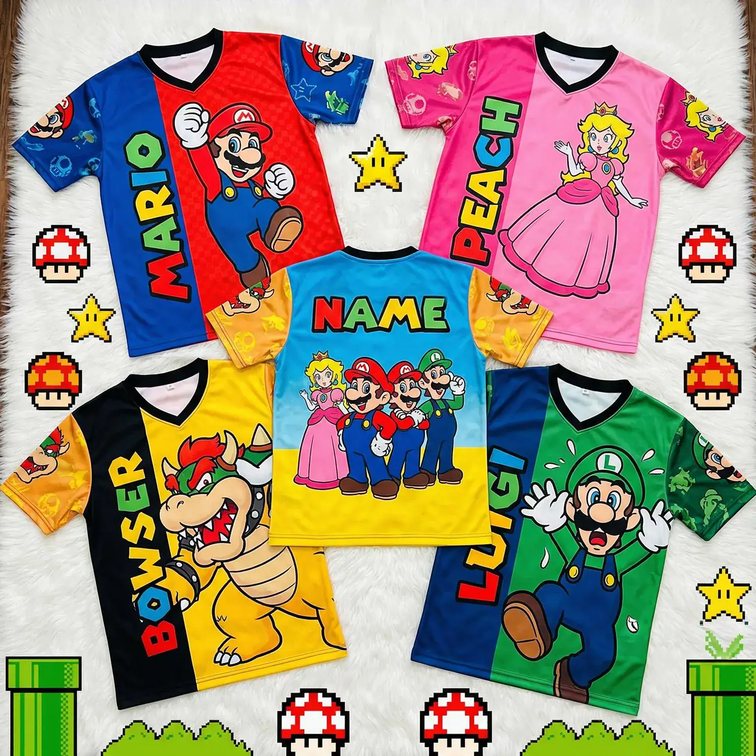Super Mario Football Jersey Shirt, Mario Luigi Peach Bowser, Family Matching Birthday, Gamer Kids Sports Tee DN Trip