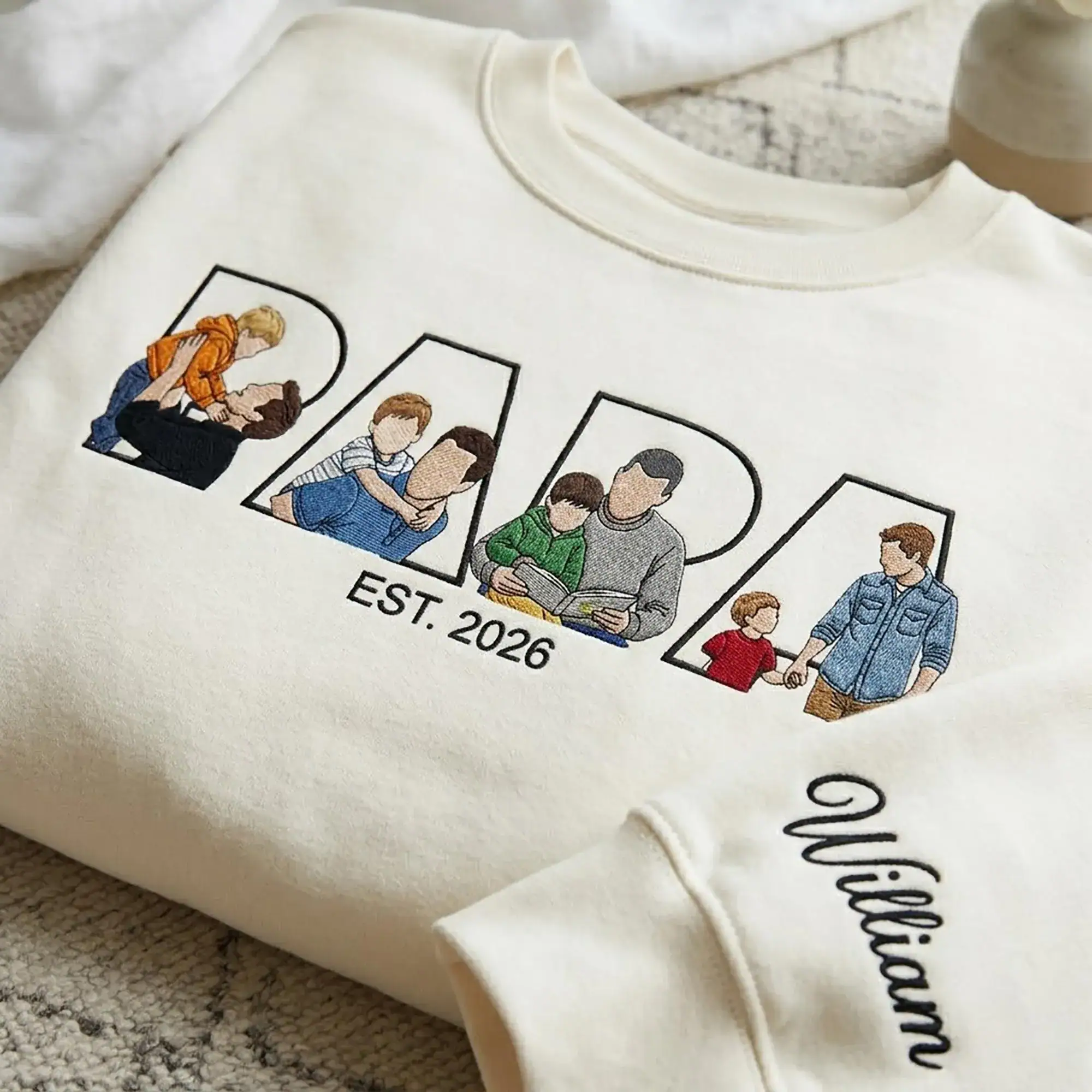 Embroidered Custom Papa Portrait Sweatshirt, Papa EST 2026 Sweater, Personalized Dad Crewneck, Fathers Day Gift for Dad