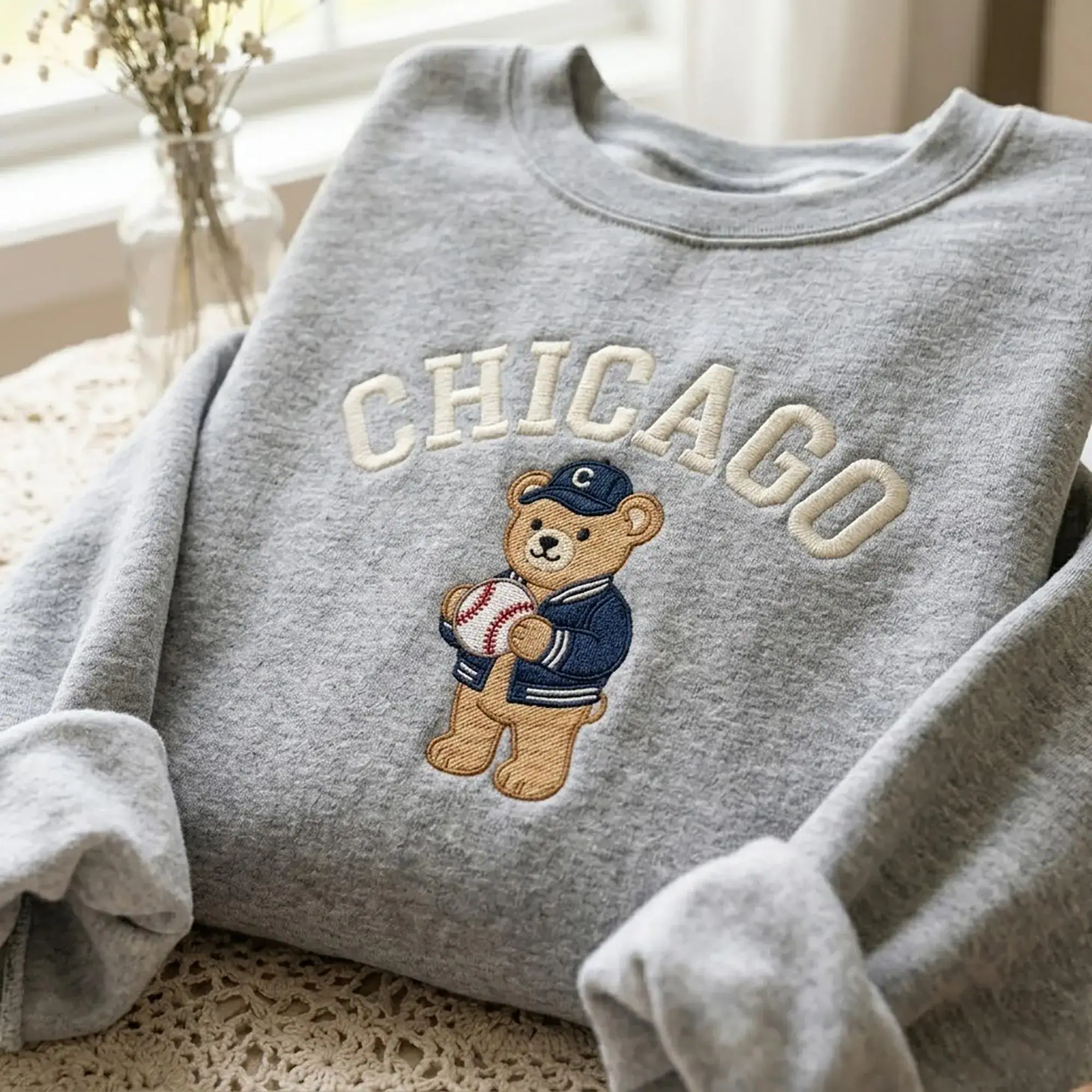 Embroidered Chicago Baseball Shirt, Game Day Bear Sweatshirt, Softball Fan Sports Gift, Unisex Sweater For Men, Women