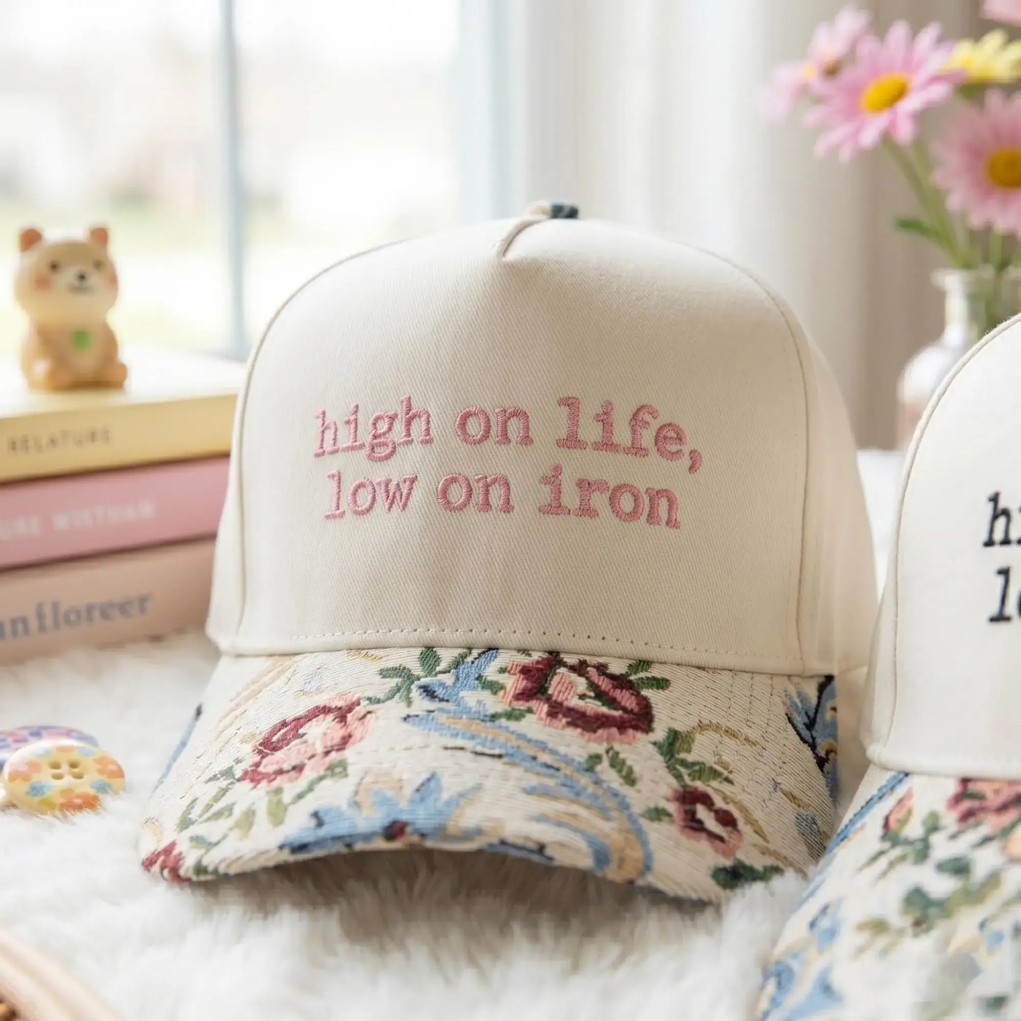 Funny Anemia Trucker Hat Women, High On Life Low On Iron Embroidered Hat, Floral Brim Baseball Cap, Sarcastic Iron Deficiency Gift - Image 3