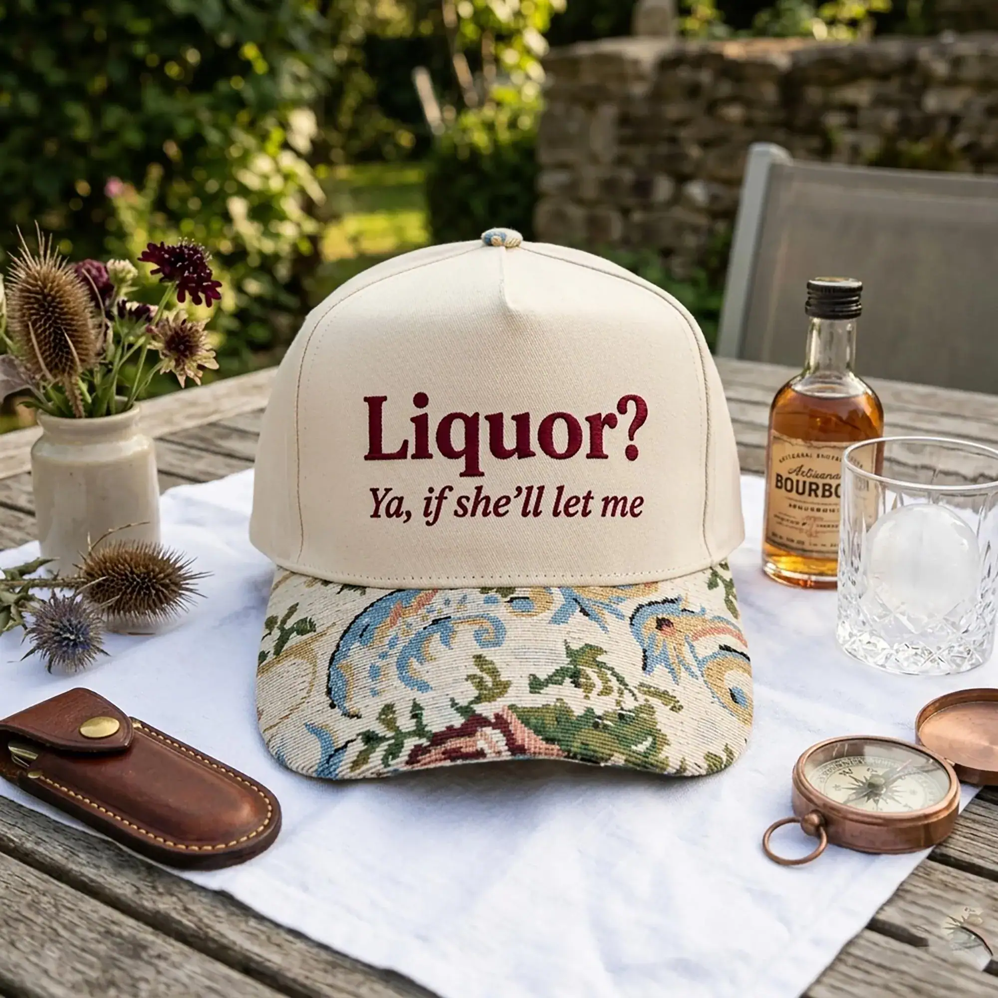 Embroidered Liquor? Ya, If She'll Let Me Trucker Hat, Floral Tapestry Brim Hat, Funny Drinking Gift, Sarcastic Vintage Trucker Hat - Image 3