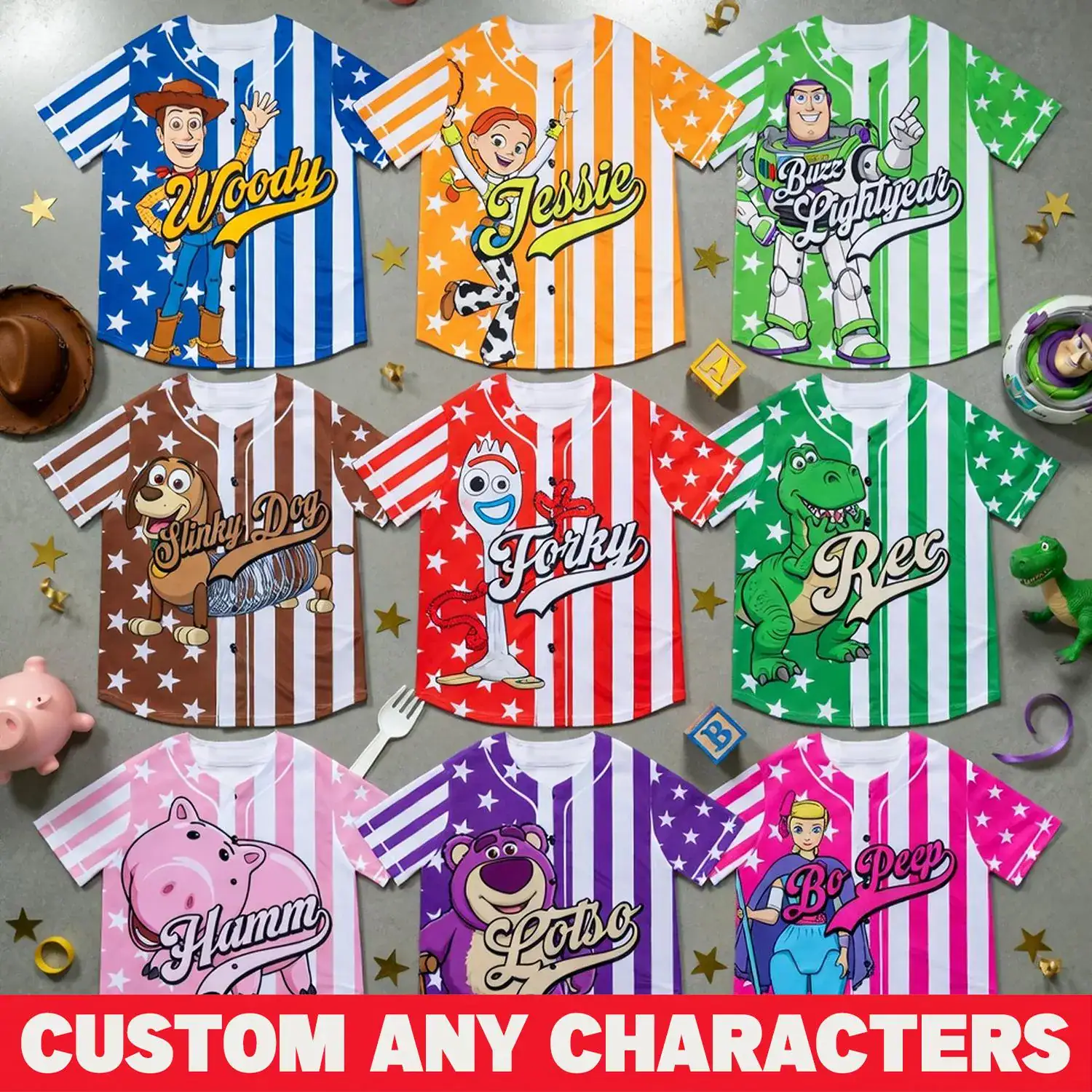 Toy Story Baseball Jersey Shirt, 4th of July Toy Story Tee, Patriotic American Flag Jersey, Family Matching Tees, USA 250th Anniversary Gift