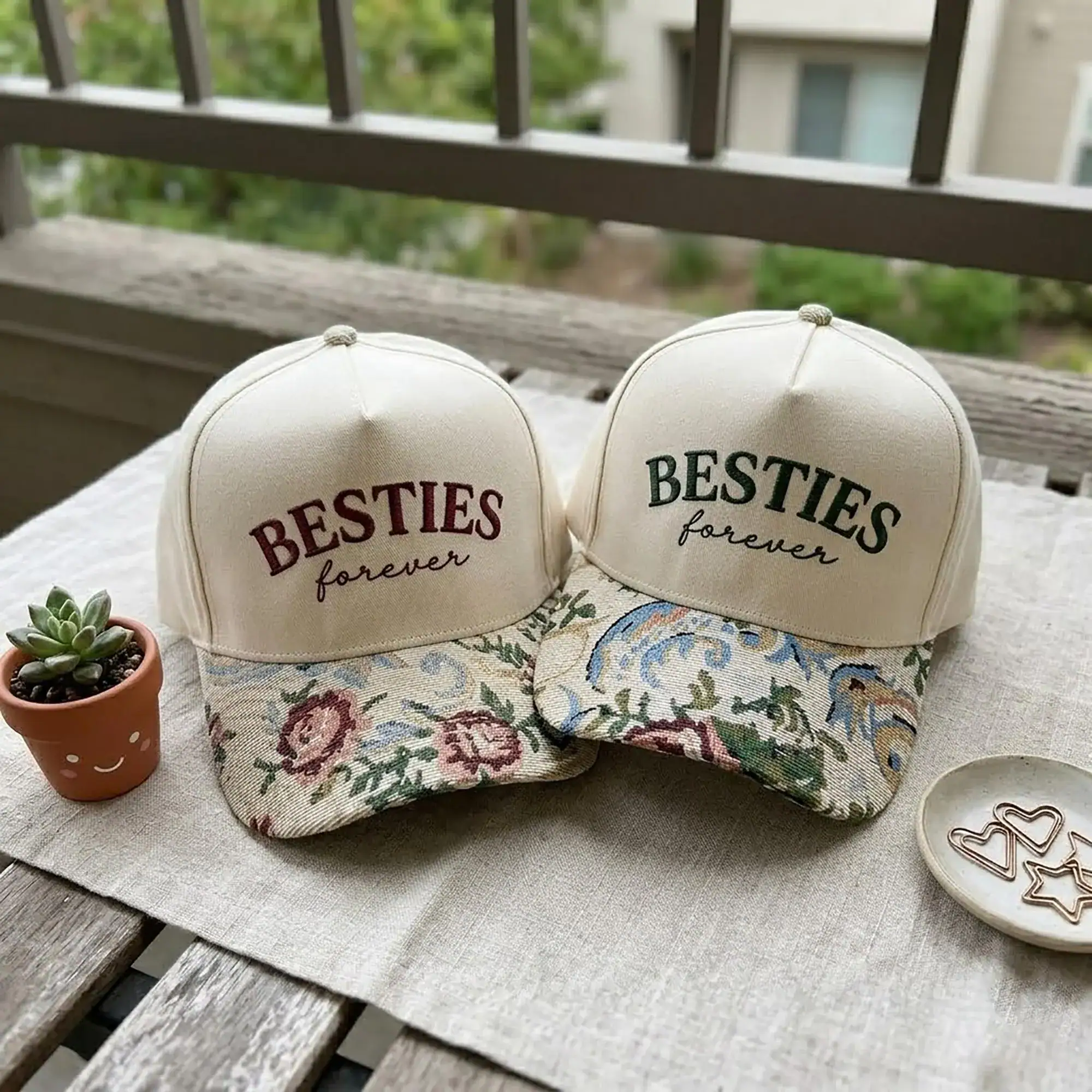 Embroidered Besties Forever Floral Brim Hat, Matching Best Friend Cottagecore Hat, Custom BFF Est Year Cap, Mom Daughter Tapestry Brim Hat - Image 3