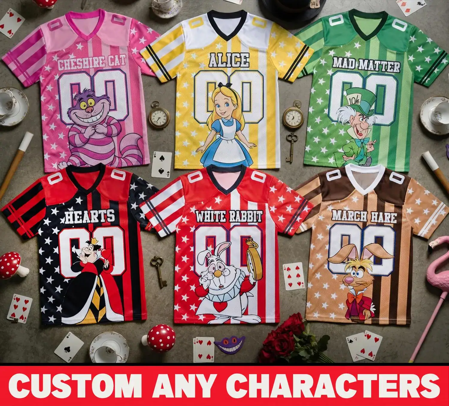 Alice In Wonderland Football Jersey Shirt, Custom DN Inspired Sports Tee, Cheshire Cat Mad Hatter White Rabbit Game Day Gift