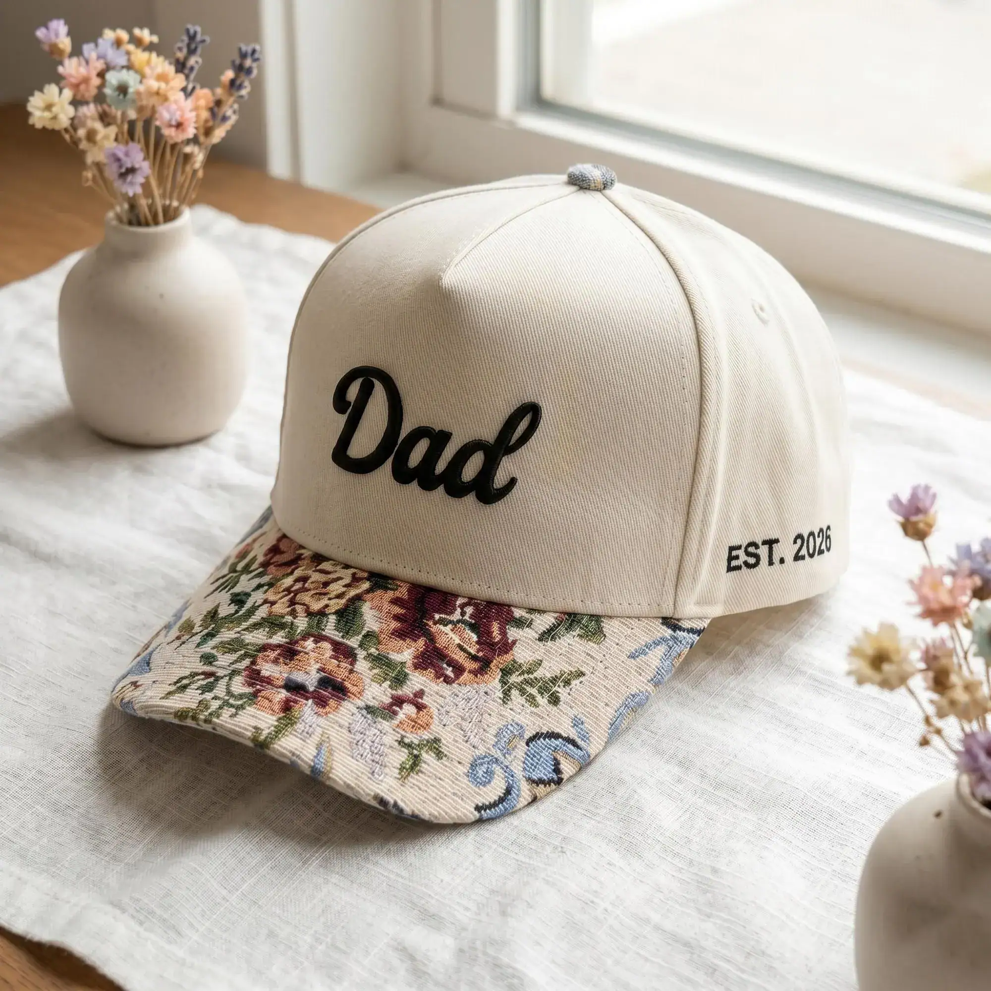 Custom Embroidered Mom Dad Est 2026 Floral Hat, Vintage Tapestry Hat, Funny Dad Cap, Sarcastic Gift for Him, Coquette Aesthetic Cap - Image 4