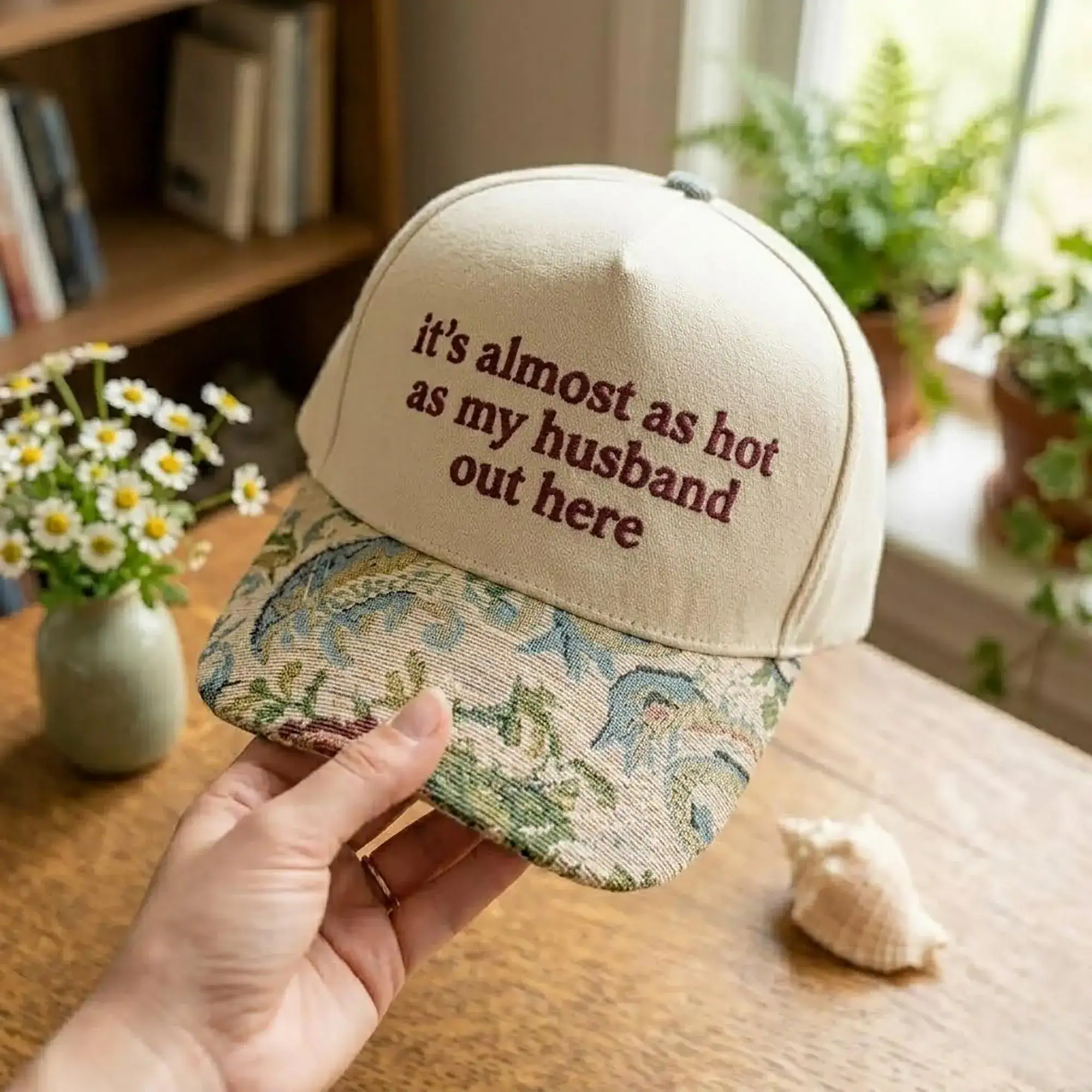 Embroidered It's Almost As Hot As My Husband Floral Hat, Sarcastic Wife Tapestry Brim Hat, Vintage Cottagecore Hat, Summer Gift For Mom - Image 3