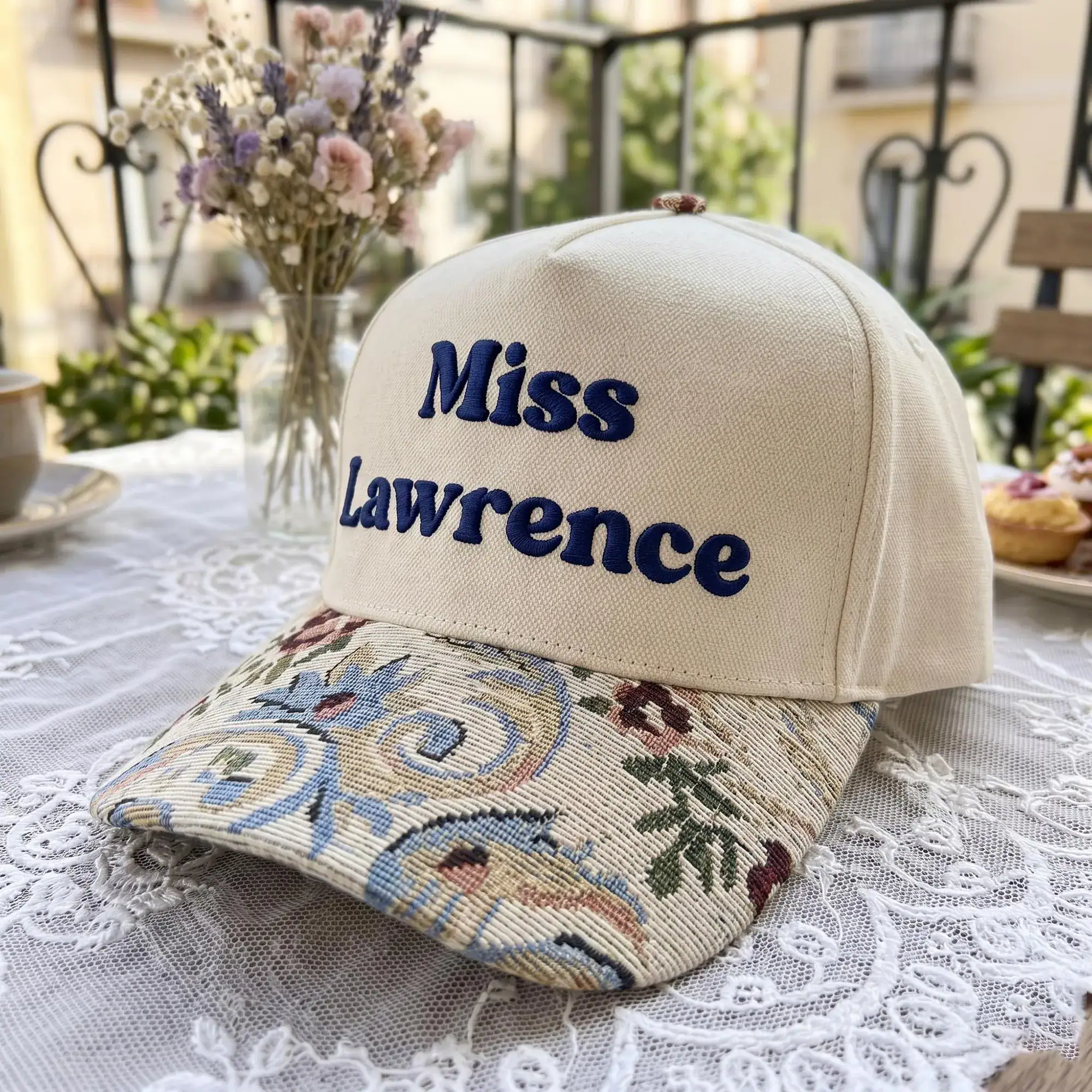 Embroidered Custom Hat with Floral Tapestry Brim, Summer Gift for Her, Personalized Baseball Cap for Women, Vintage Style Cottagecore Hat - Image 4
