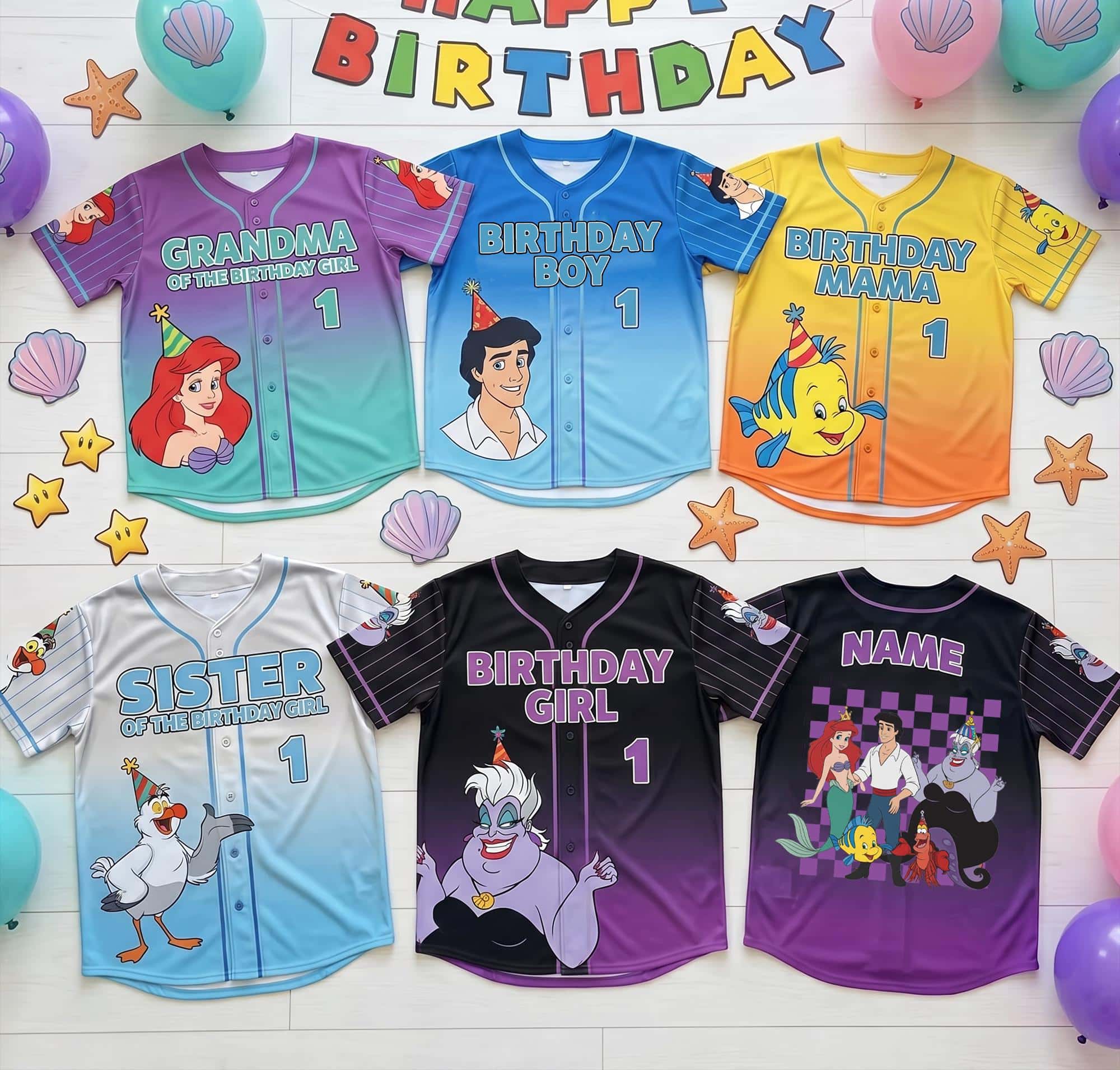 The Little Mermaid Birthday Baseball Jersey, Ariel Ursula DN Family Shirt, Custom Birthday Girl Party Outfit