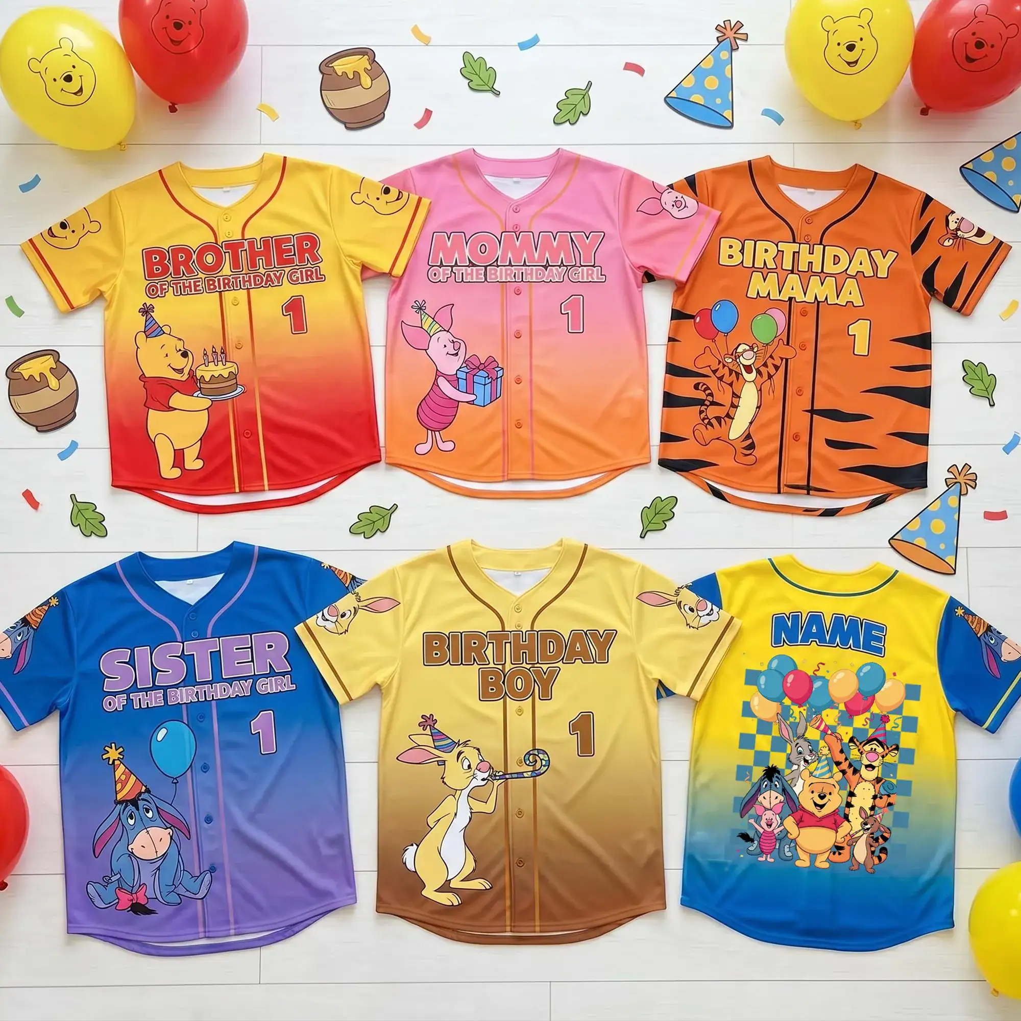 Winnie The Pooh Birthday Baseball Jersey, Pooh Piglet Tigger DN Family Shirt, Custom Birthday Party Outfit