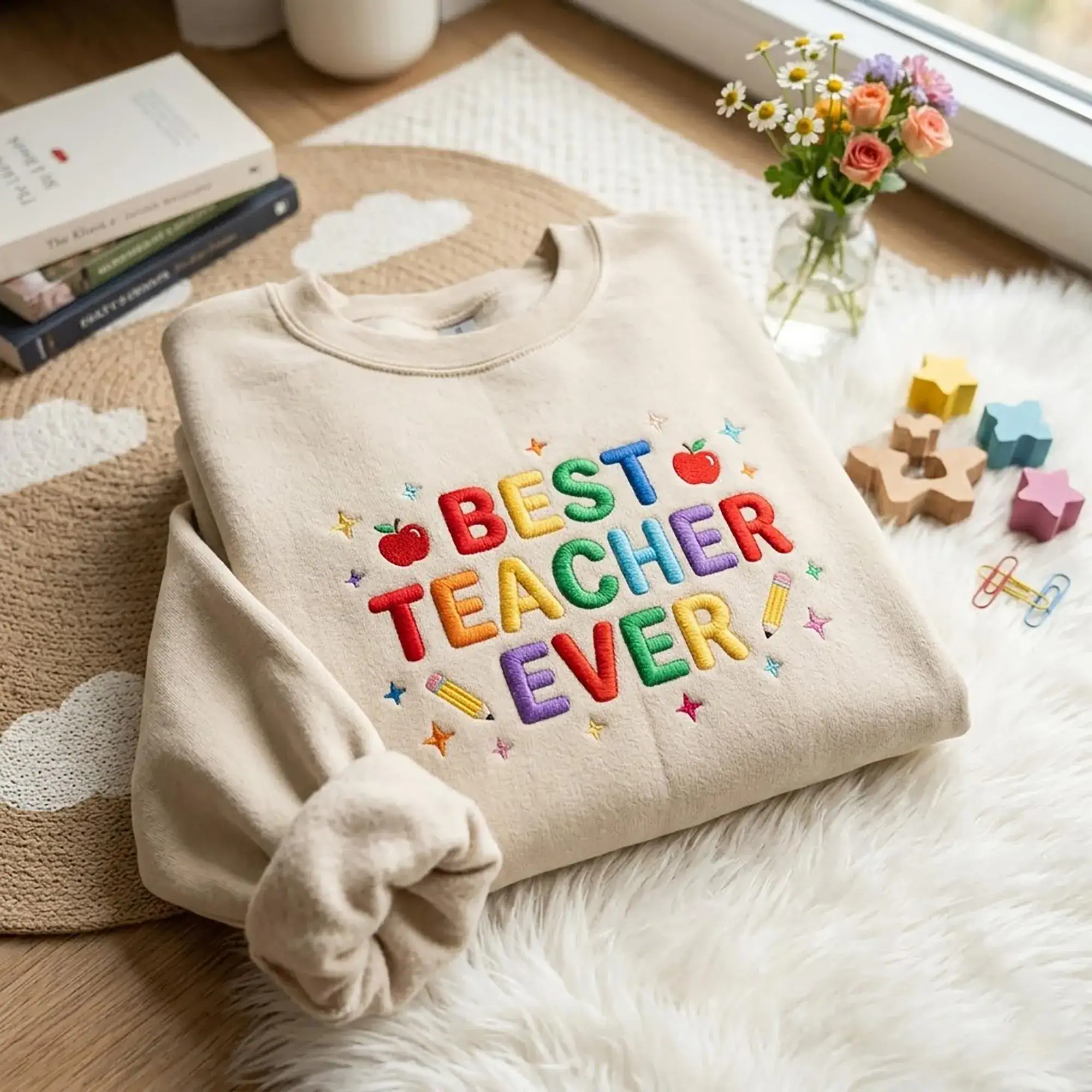Embroidered Best Teacher Ever Sweatshirt, Funny Teacher Crewneck, Teacher Appreciation, Retro Teacher Shirt Design - Image 3