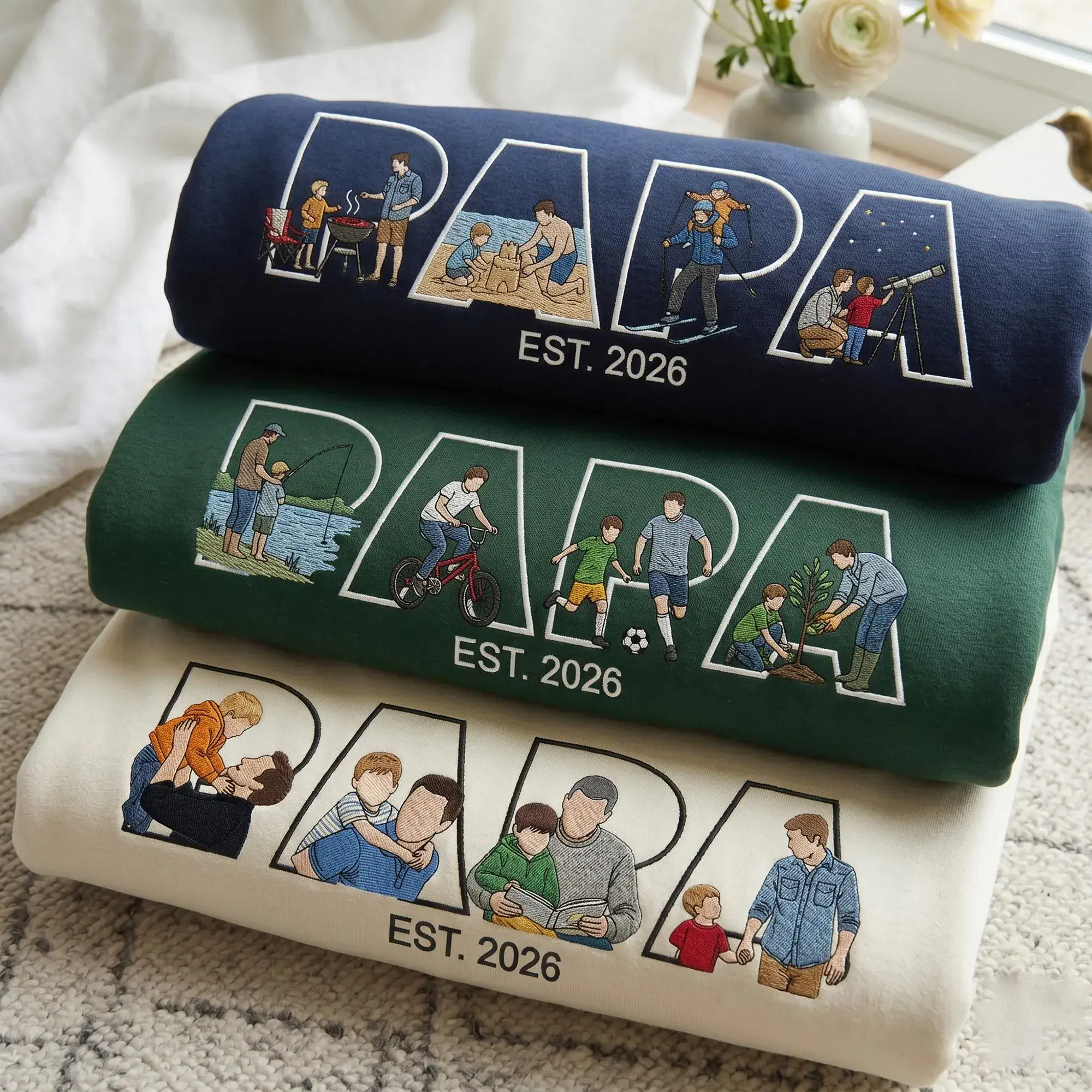 Embroidered Custom Papa Portrait Sweatshirt, Papa EST 2026 Sweater, Personalized Dad Crewneck, Fathers Day Gift for Dad - Image 2