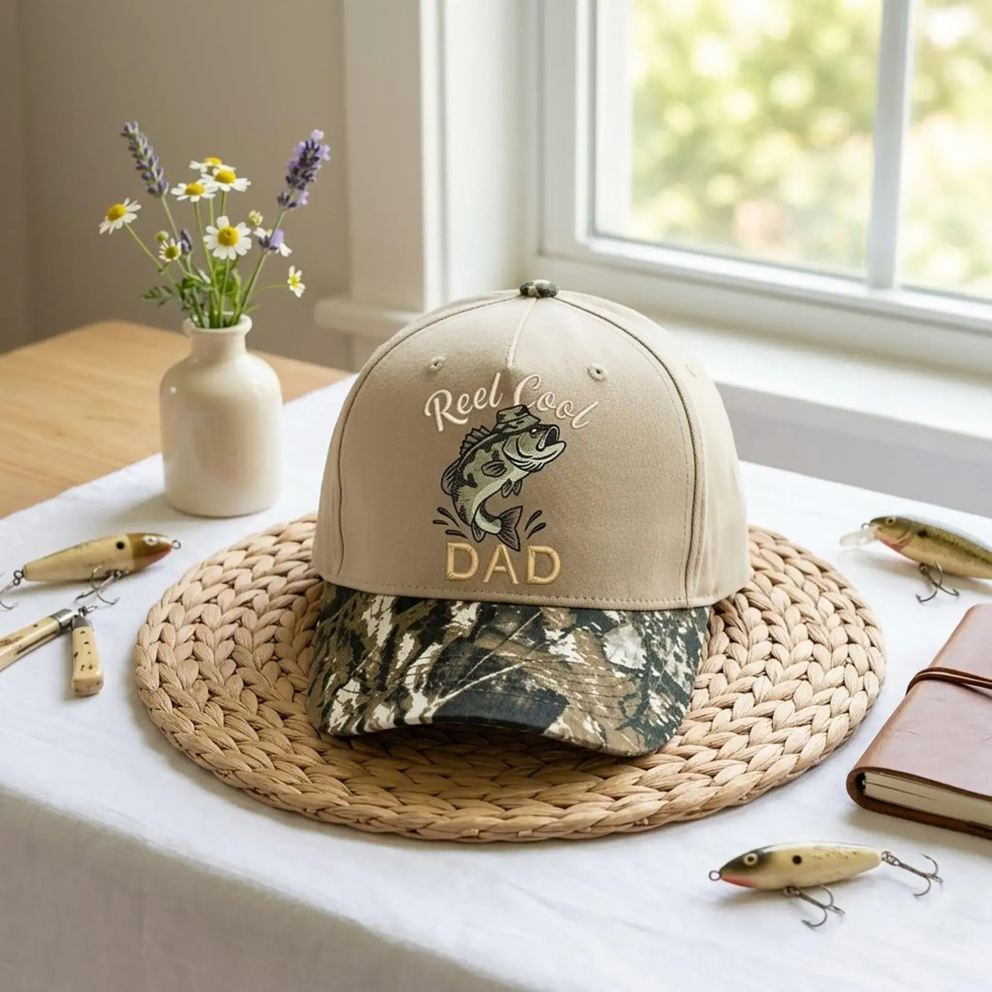 Embroidered Reel Cool Dad Camo Cap, Fathers Day Camouflage Cap, Fishing Dad Hat, New Dad Gift, Rustic Outdoor Dad Fishing Cap - Image 3