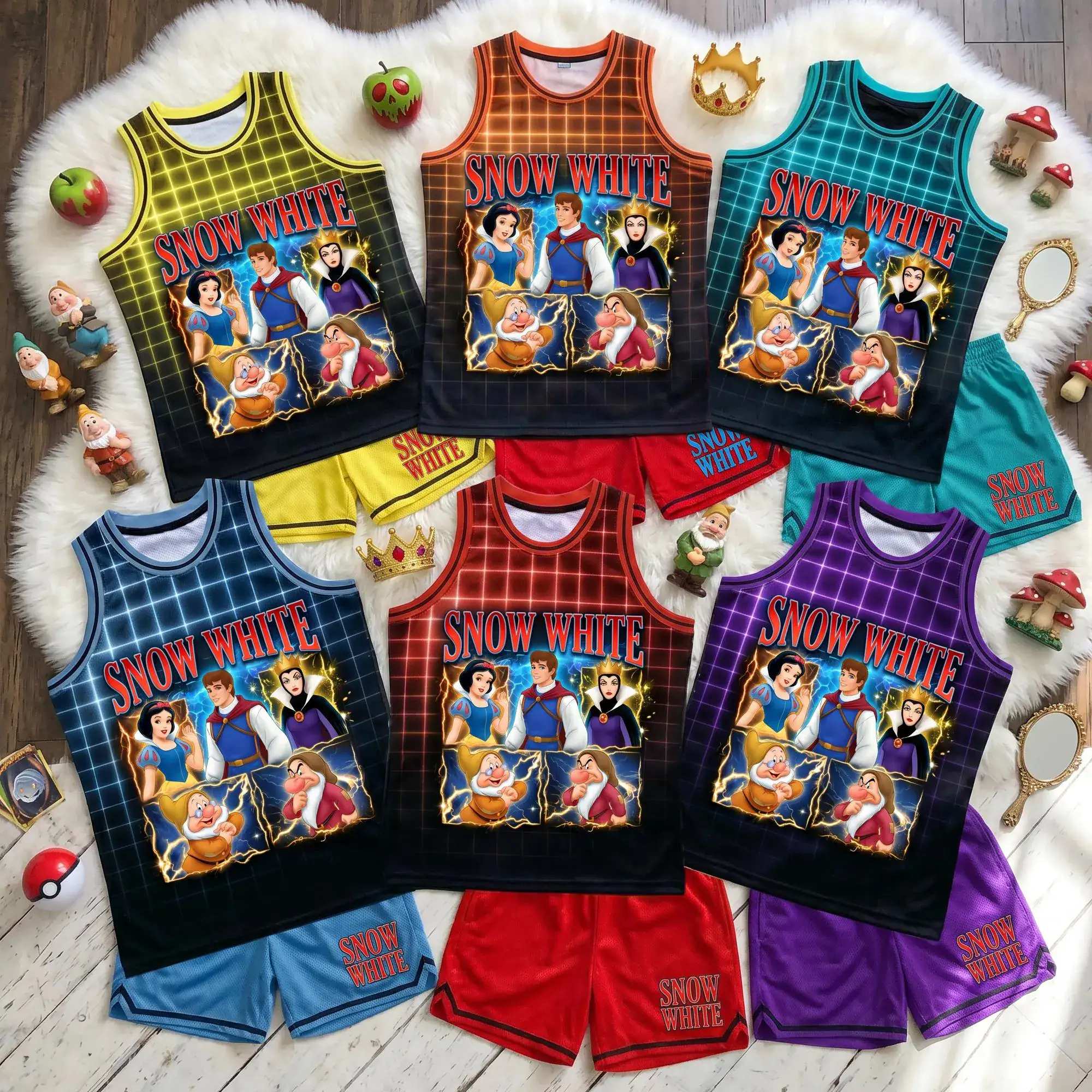Snow White Basketball Jersey Set Kids, Princess Sports Outfit Girls, Birthday Gift Cartoon Matching Vacation Clothes Set