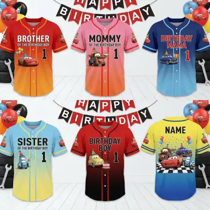 DN Cars Birthday Baseball Jersey, Lightning McQueen Mater Family Birthday Shirt, Custom Cars Party Outfit for Kids