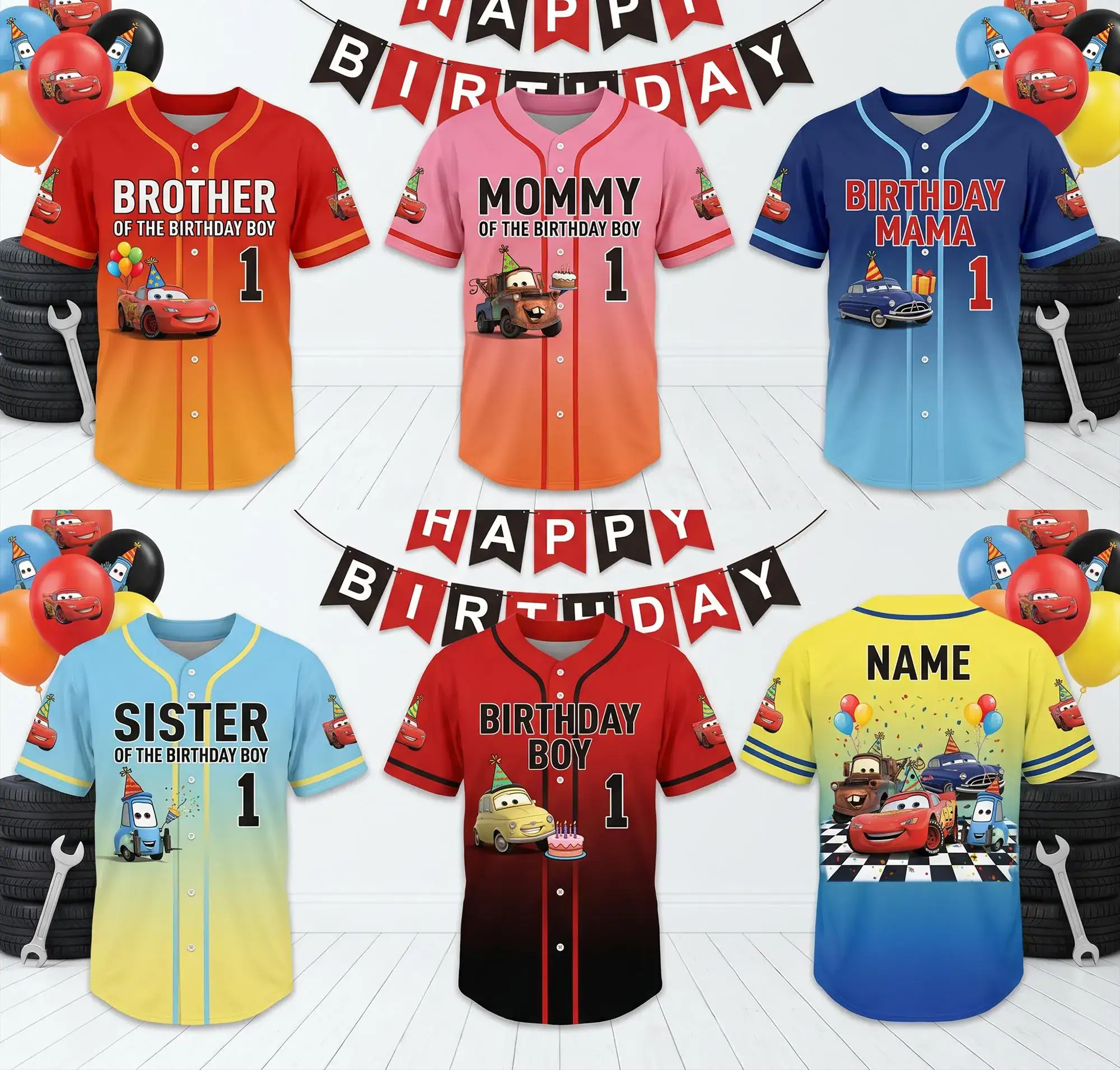 Disney Cars Birthday Baseball Jersey, Lightning McQueen Mater Family Birthday Shirt, Custom Cars Party Outfit for Kids DN Cars Birthday Baseball Jersey, Lightning McQueen Mater Family Birthday Shirt, Custom Cars Party Outfit for Kids - Image 1