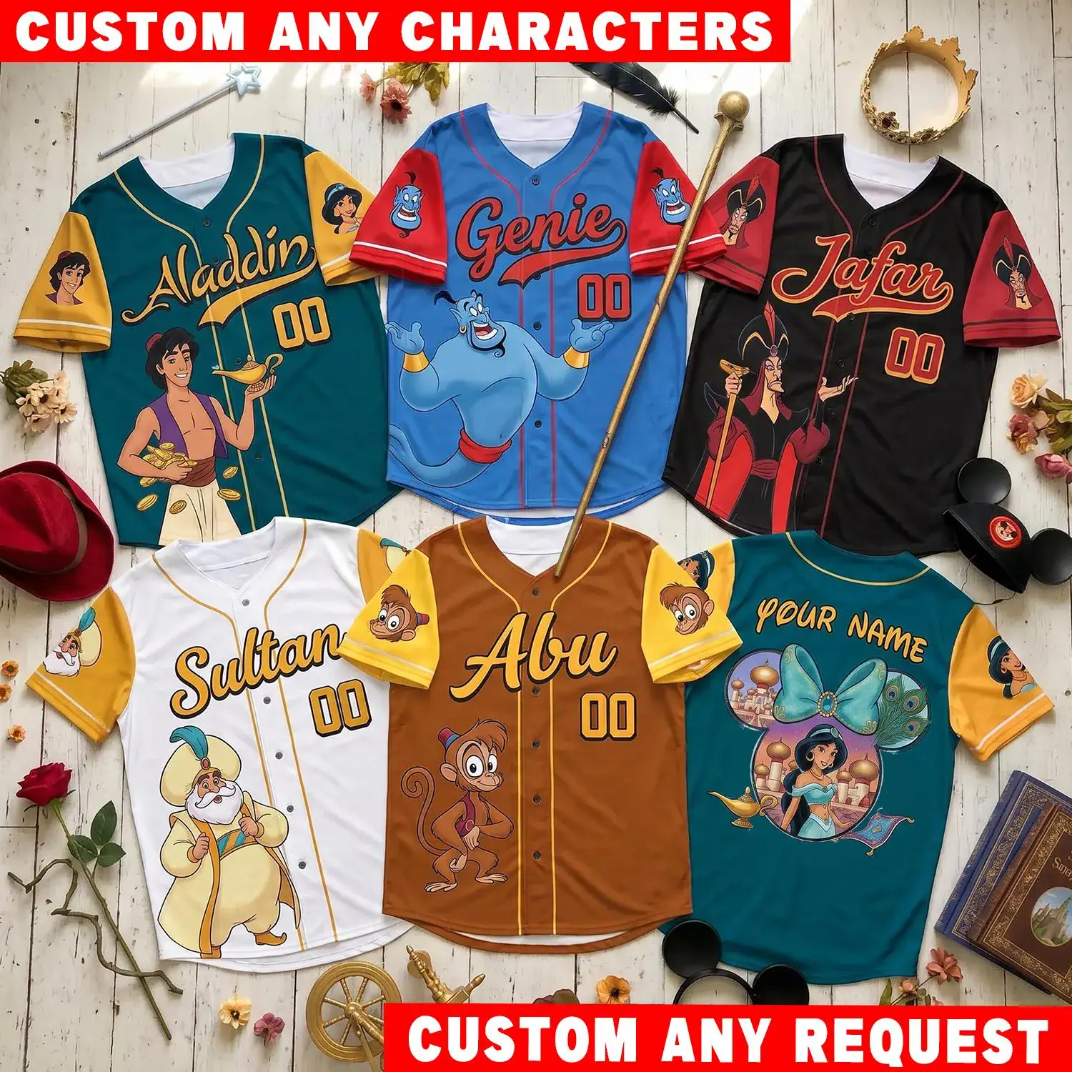 Aladdin DN Baseball Jersey Custom Name, Jasmine Genie Jafar Sultan Shirt, DN Family Vacation Birthday Gift Jersey