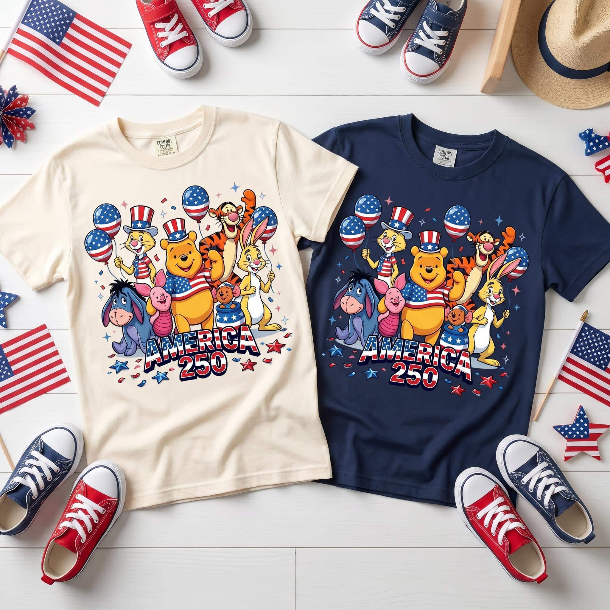 DN Winnie The Pooh America 250 T Shirt, Pooh Piglet Tigger Eeyore Patriotic Shirt, 4th Of July DN Family Matching Tee