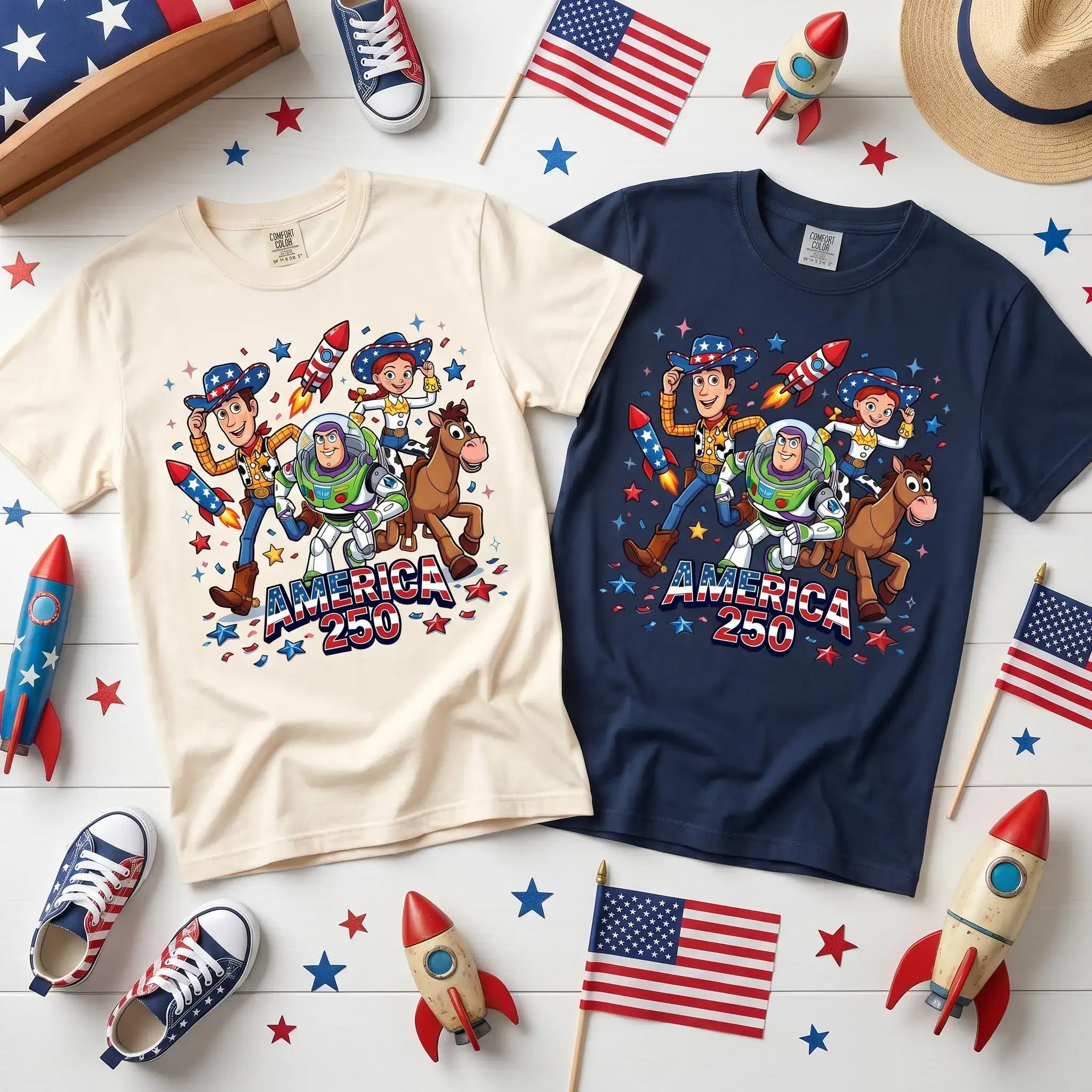DN Toy Story America 250 T Shirt, Woody Buzz Lightyear Jessie Bullseye Patriotic 4th Of July Family Matching Tee