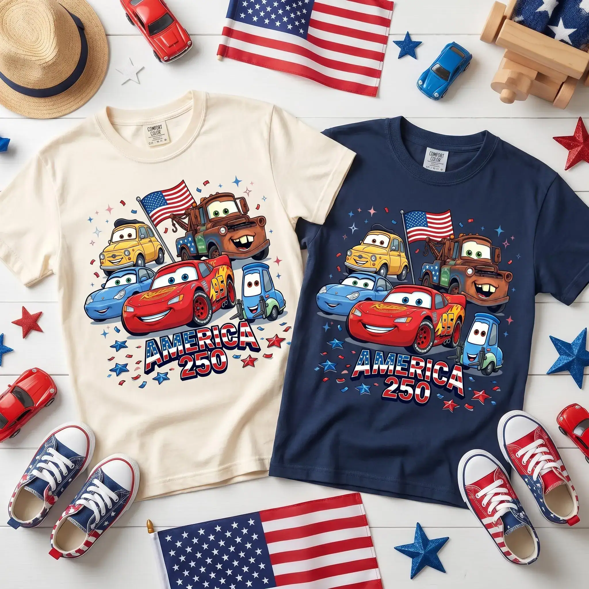 DN Cars America 250 T Shirt, Lightning McQueen Mater Sally Guido Patriotic 4th Of July Family Matching Kids Tee