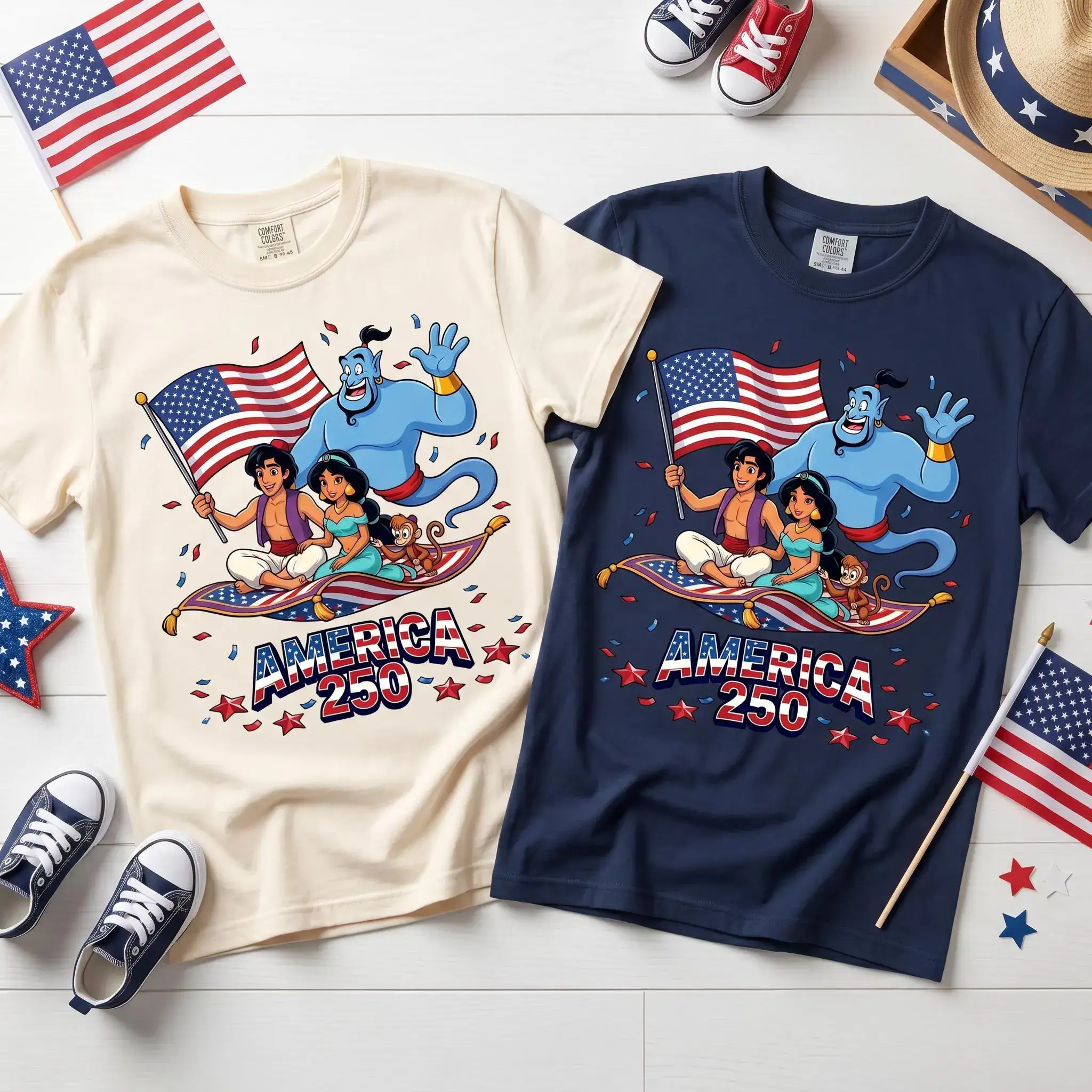 Aladdin America 250 T Shirt, DN Aladdin Jasmine Genie Patriotic 4th Of July Shirt, USA Birthday Tee, Gift For Kids Family Matching