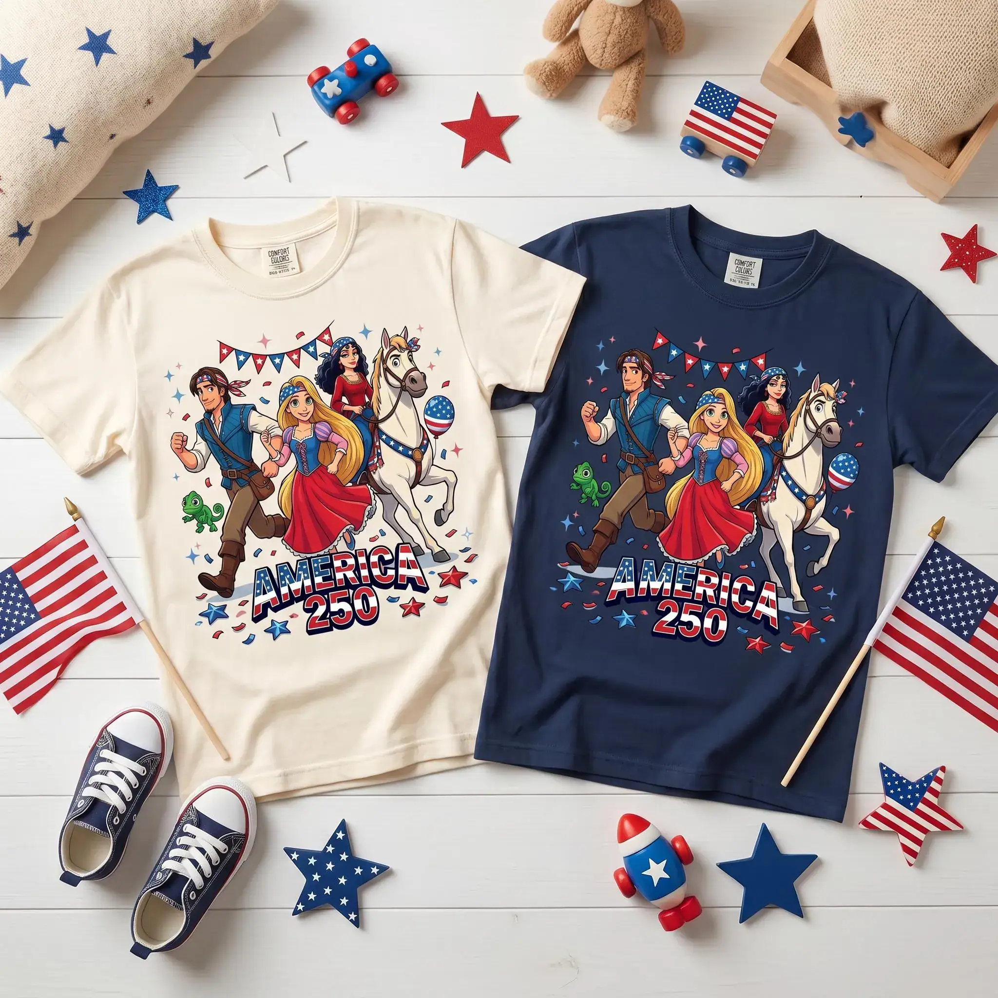 Tangled America 250 T Shirt, DN Rapunzel Flynn Rider Patriotic 4th Of July Shirt, USA Birthday Tee, Gift For Kids Family Matching
