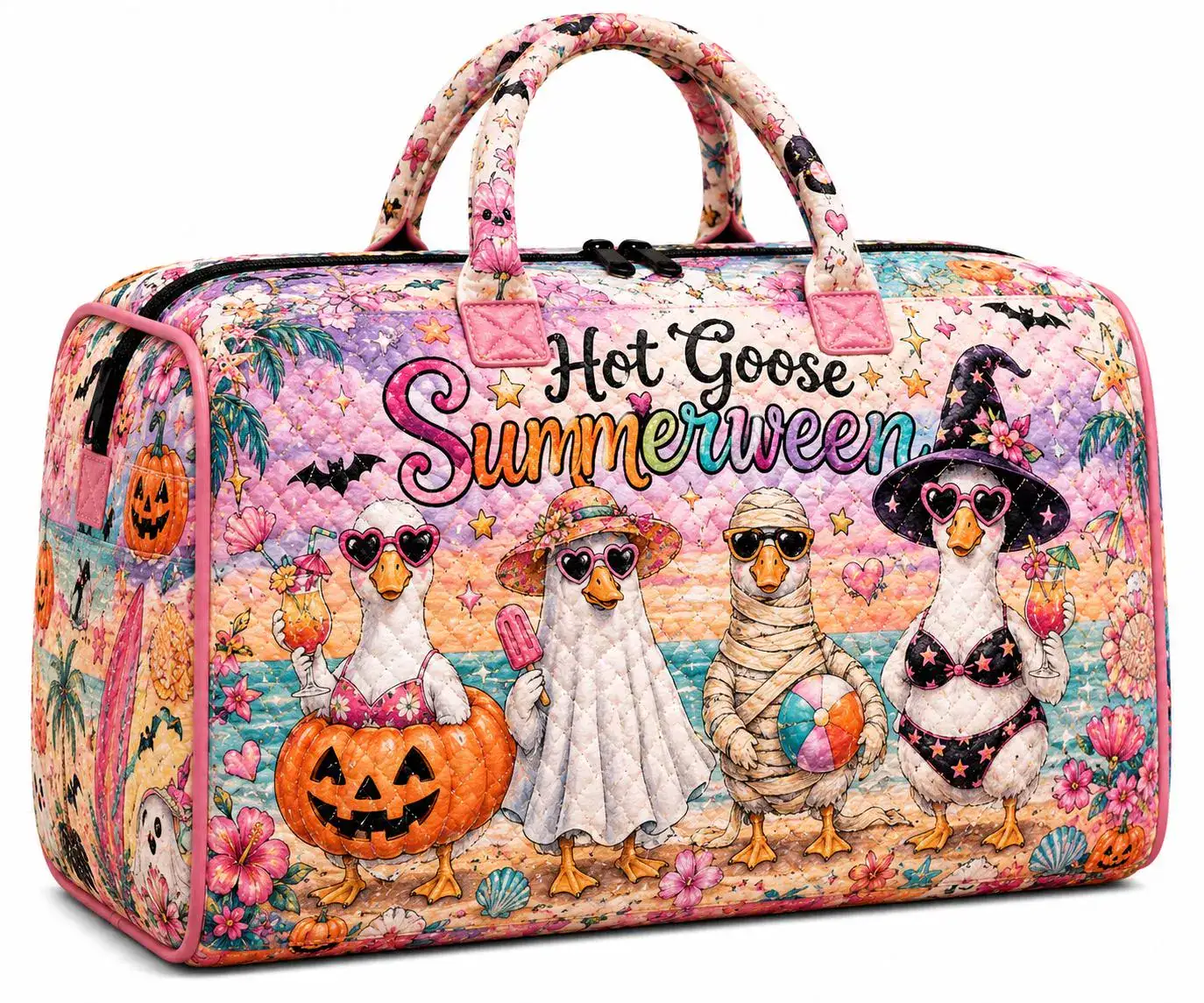 Quilted Weekend Bag, Hot Goose Summerween Travel Tote, Halloween Beach Duffel, Cute Goose Overnight Carry On Bag ORD-WTI19