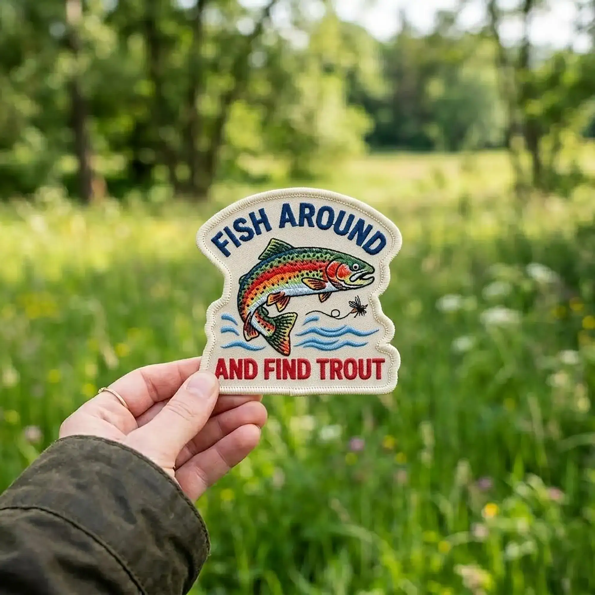Embroidered Fish Around and Find Trout Patch, Funny Iron On Patch for Jackets, Hats, Backpacks, Outdoor Gift for Fishing Lover, Gift For Him